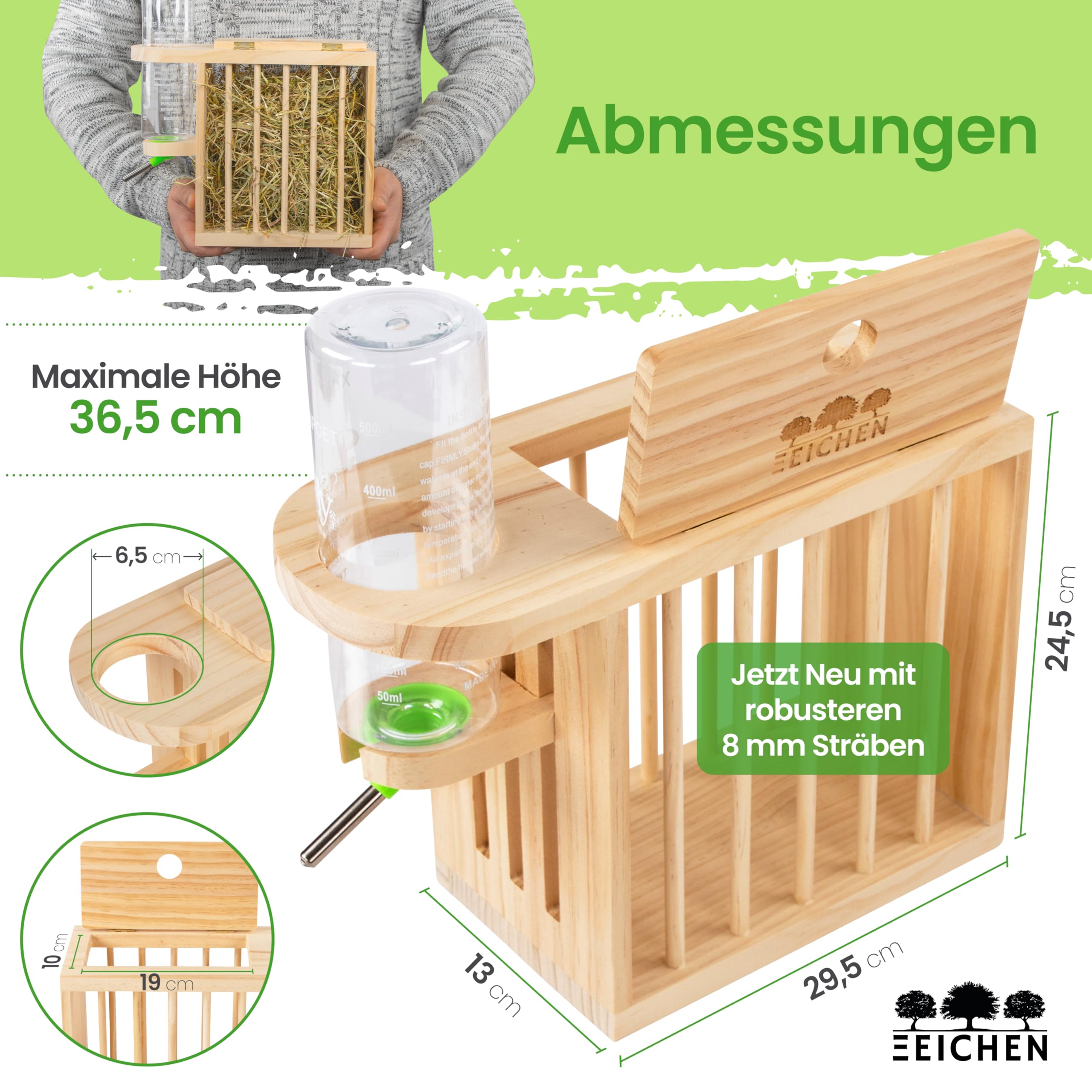 Heuraufe inkl. höhenverstellbarer Trinkflasche. Naturholz. Meerschweinchen Heuraufe, Kaninchen, Hasen, Hamster Trinkflasche. Perfekt für Kaninchenstall. Hasen Zubehör Kaninchen Zubehör | Drei Eichen
