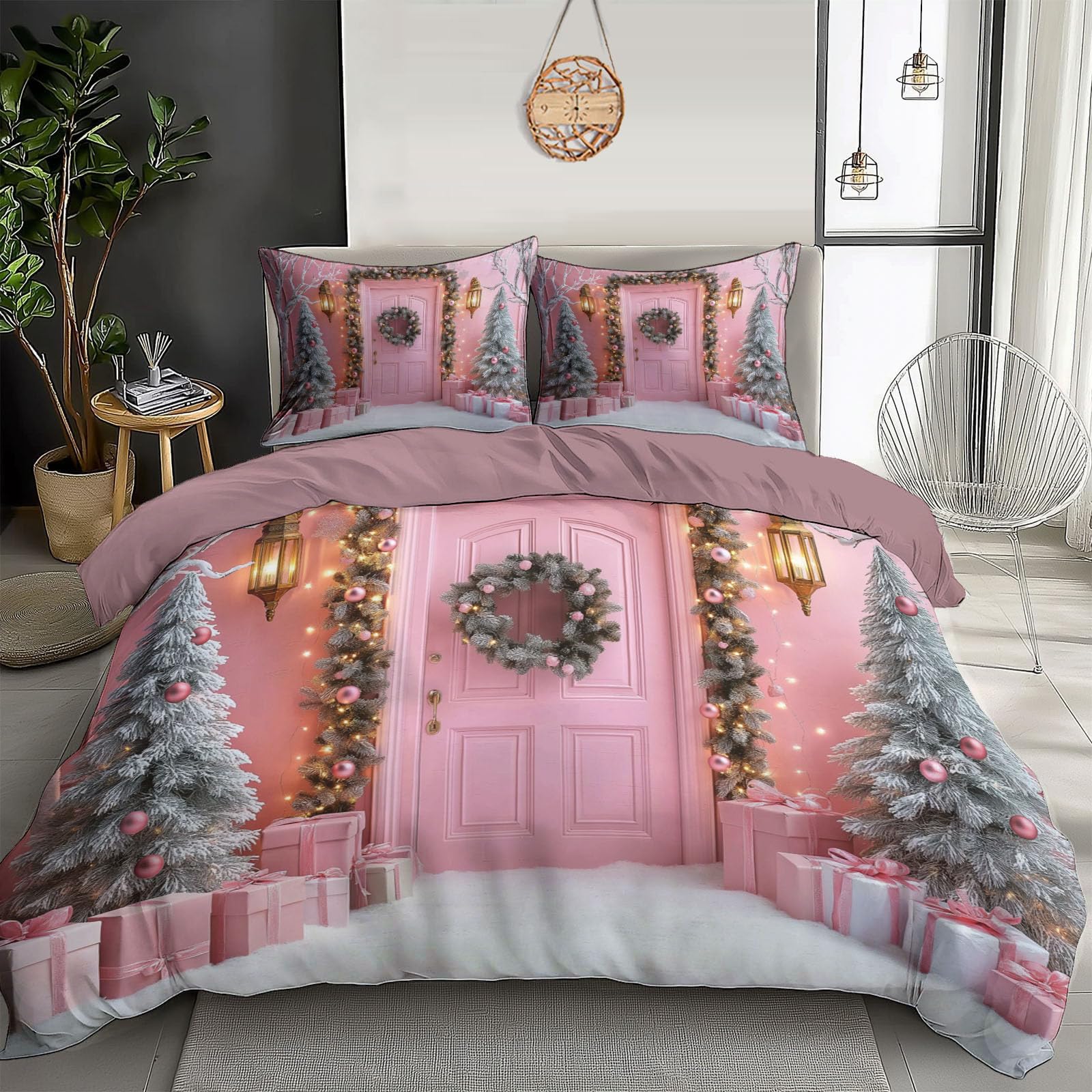 Housse de Couette 200x200cm Rose de Noël Parure de Lit 3D avec 2 Taies d'Oreiller