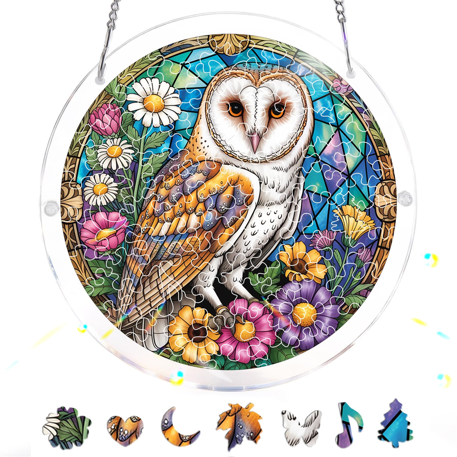 Pavemlo Acrylic Puzzle Suncatcher Owl 83 Pieces, DIY Stained Glass Window Art, Jigsaw Puzzles for Adults, 18x18cm Double-Sided Light Catcher with Chain, Unique Home Decor & Birthday Gift F249