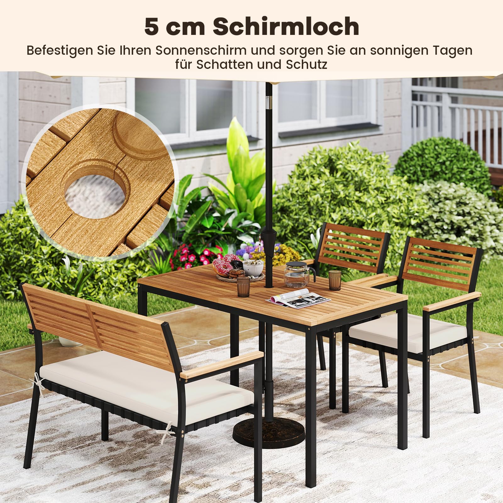 COSTWAY Gartenmöbel Set, Terrassenmöbel inkl. Gartentisch mit Schirmloch, Sitzbank & 2 stapelbare Gartenstühle mit Kissen, Sitzgruppe für 4 Personen, Gartengarnitur, Sitzgarnitur, Outdoor Essgruppe