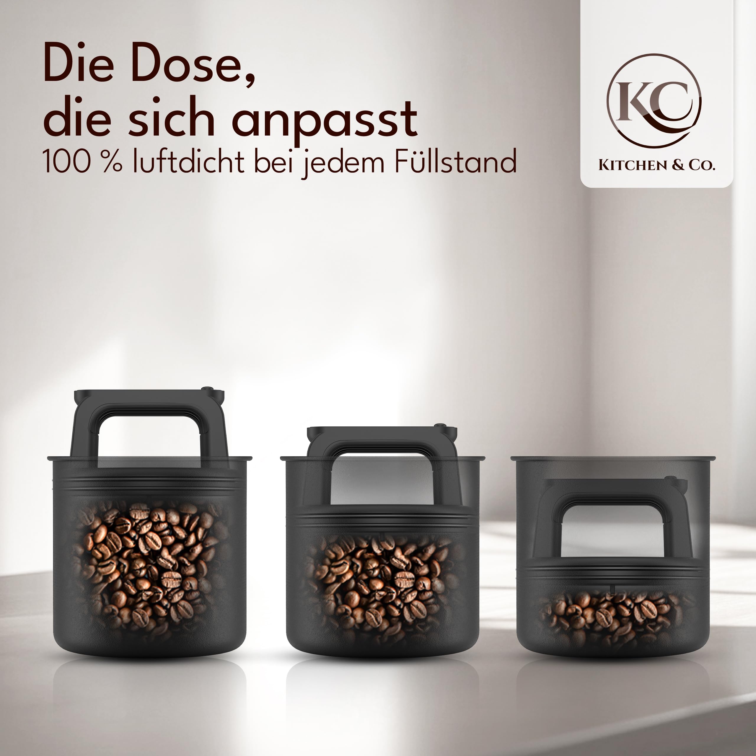 KC Kitchen & Co. Hermetyczny pojemnik na kawę, 250 g, słoik do przechowywania ze stali nierdzewnej z pokrywką próżniową i uszczelką zapachową, słoik do przechowywania kawy, herbaty, cukru, płatków
