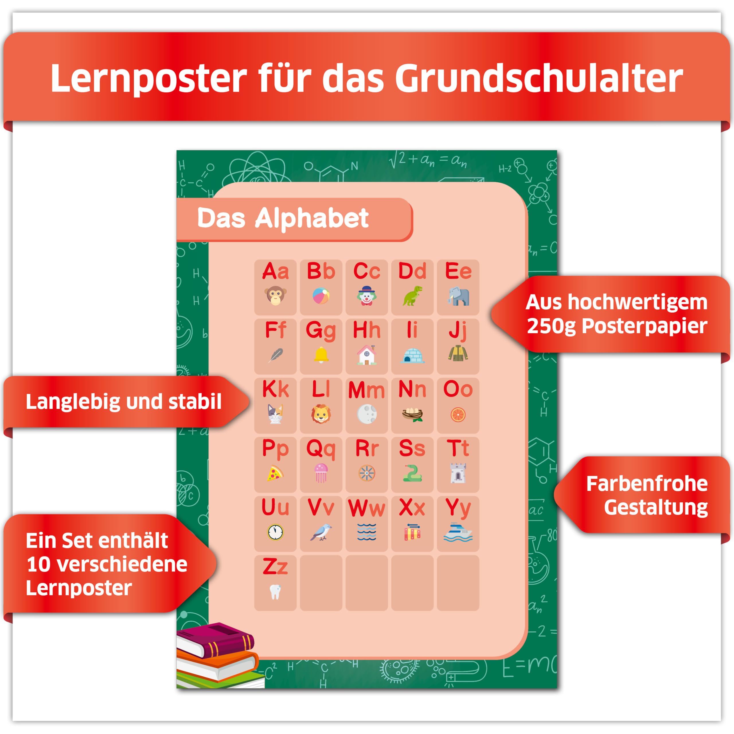 Primus Print Lot de 10 posters éducatifs, format A2, alphabet, chiffres, planètes, horaires, etc. Matériel d'apprentissage pédagogique pour chambre d'enfant et salle de classe (3 x 10 pièces/lot)