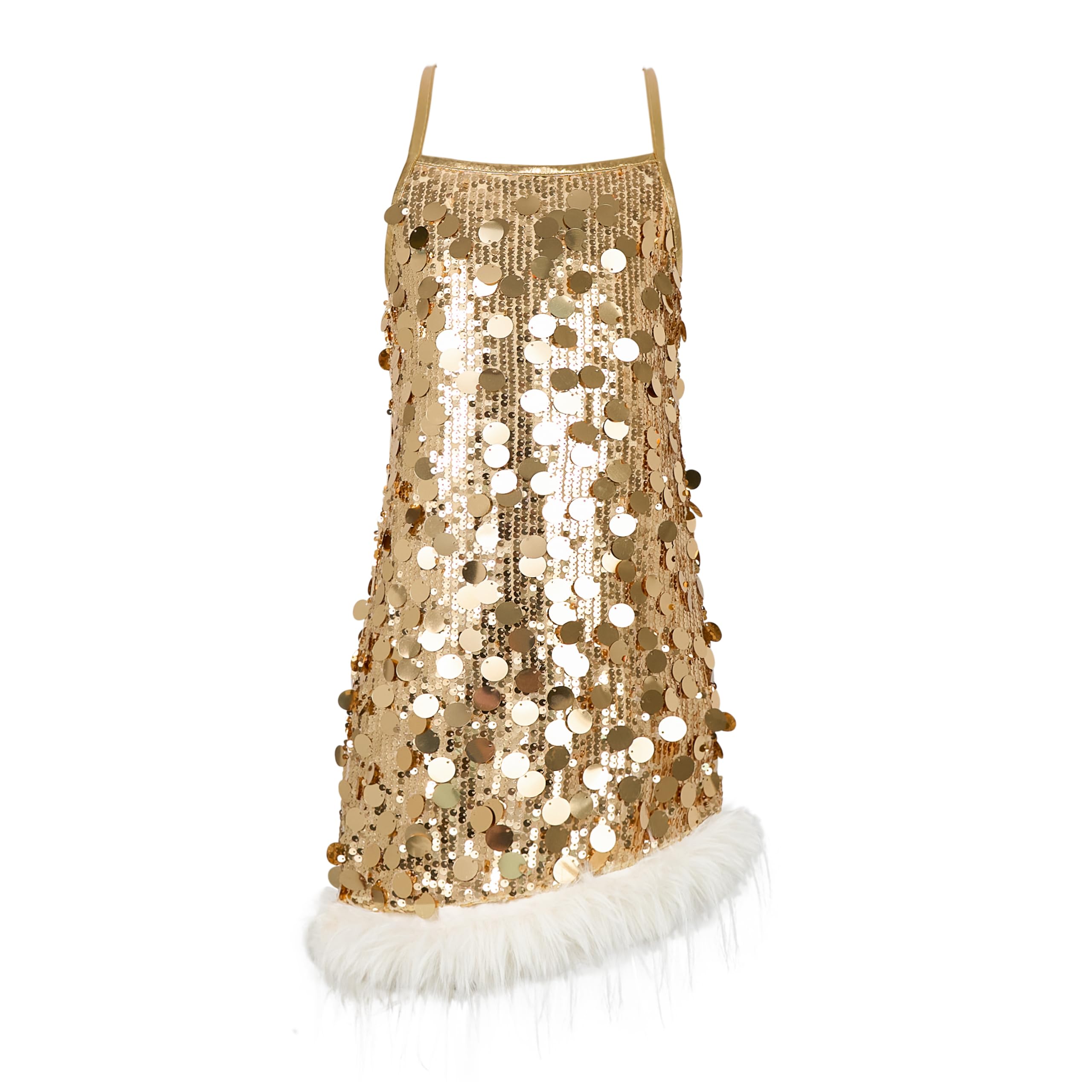 LOLANTA Robe Soirée à Paillettes Filles Ourlet Détachable en Poil Synthétique Tenue Fête sans Manches Vêtements Disco Robe Étincelante