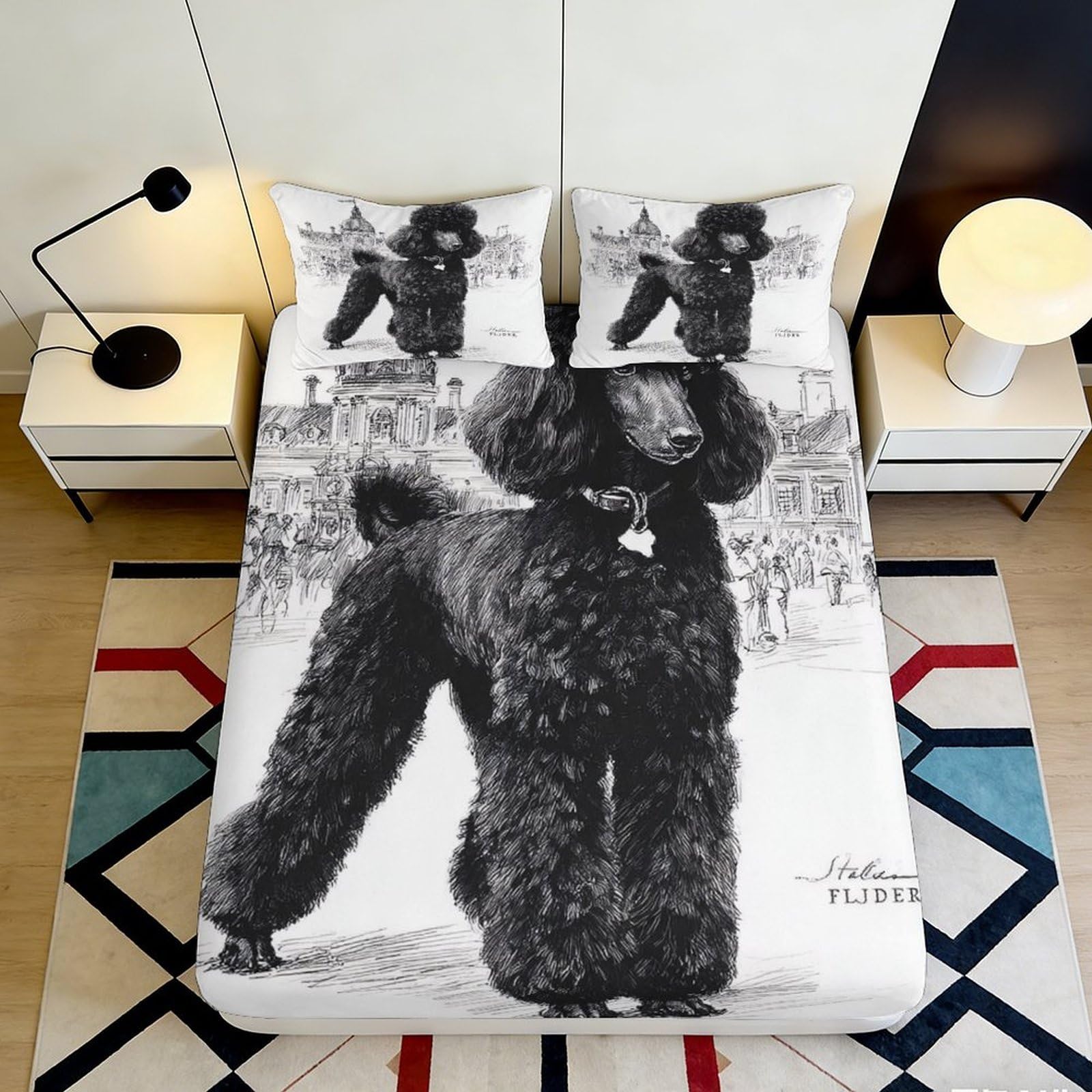3D Printed Black Poodle Fitted Sheet Microfiber Soft Anti-Slip Artistic Dog Bed Cover for Bedroom Guest Room Decor 90x200x25cm