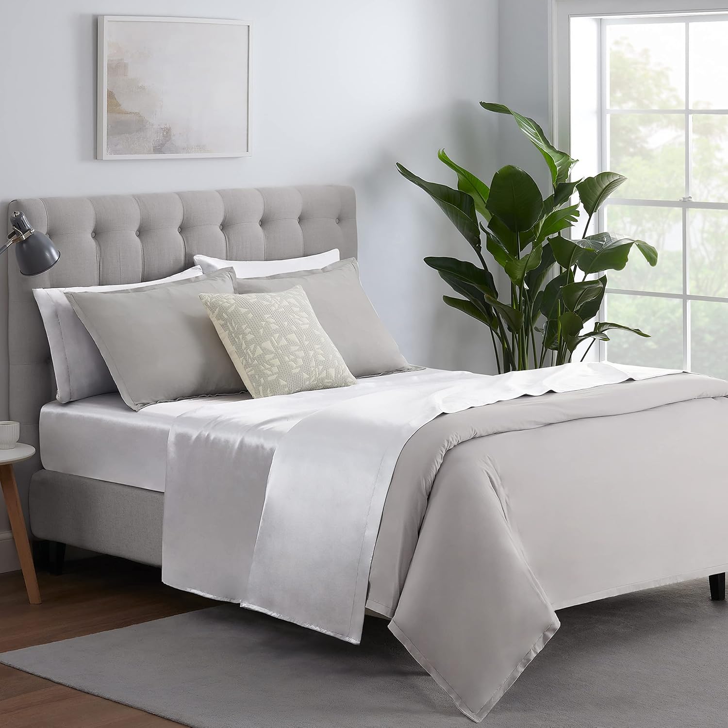 SERTA SatinLuxury 4pc Soft Lightweight Deep Pocket Bedding Silky Satin Sheet Set with Pillowcases, Queen, Silver Grey