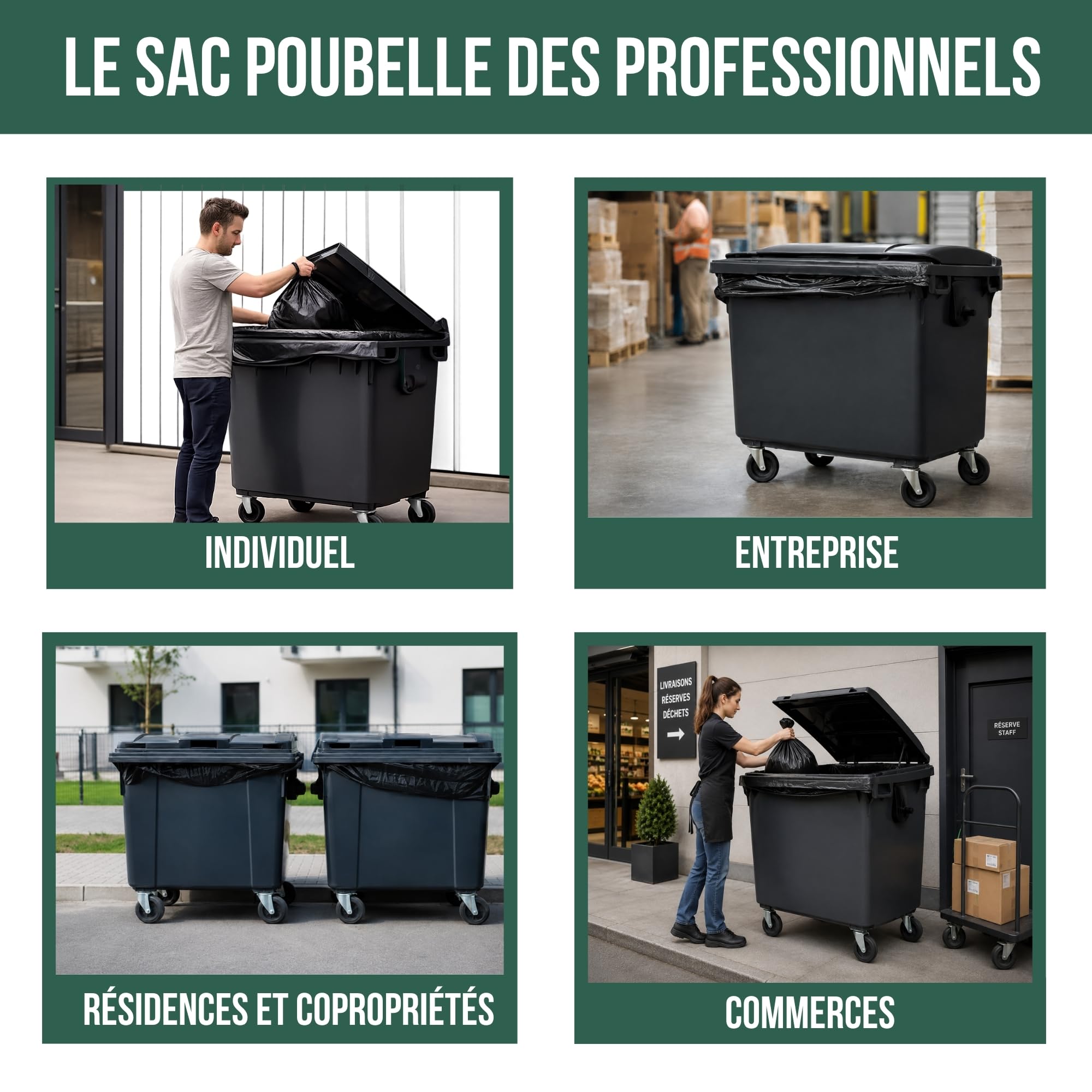 BaBag | Sac Poubelle 1000-1100L x 50 | Epaisseur 30 Microns | Certifié RSGP | Déchet Lourd & Coupant | Plastique 100% Recyclé | Étanche & Anti-Odeur | Housse Protection Conteneur 1000 Litres | 50 Sacs