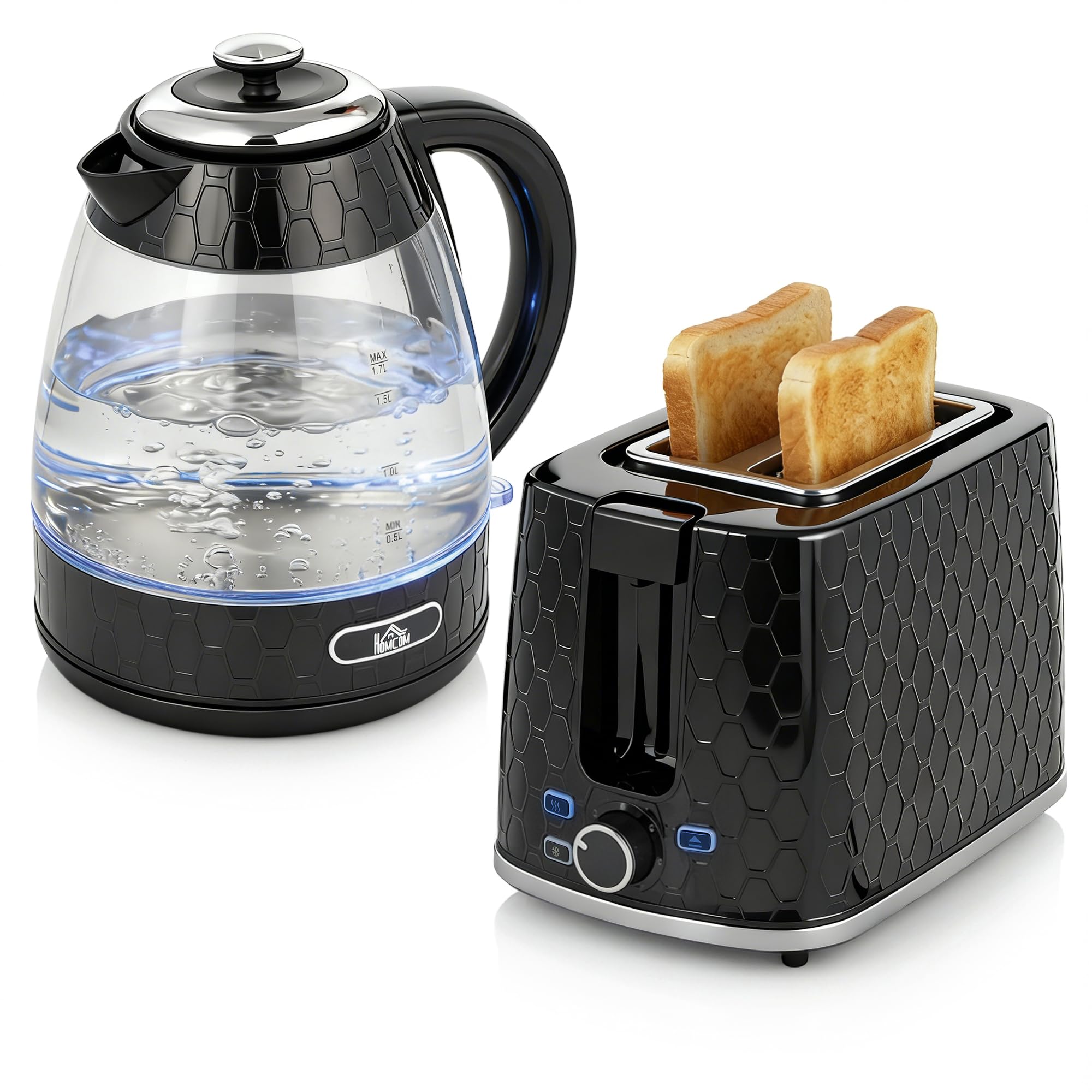 HOMCOM Kettle & Toaster Set with Limescale Filter, Crumb Tray in Black