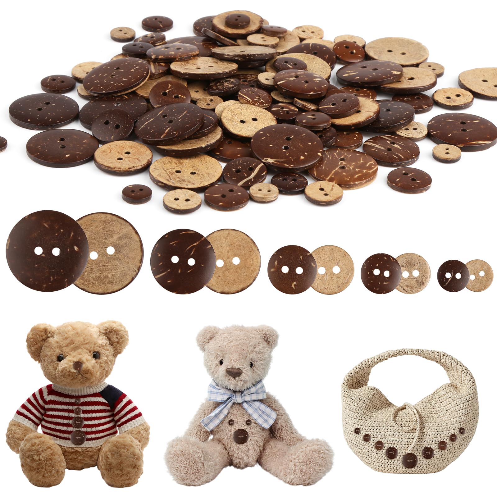 Vintage houten naaiknopen - 100 stuks natuurlijke kokosnoot, 4 gaten, 5 maten 10/12,5/15/20/25 mm - rond voor naaien en decoratief handwerk