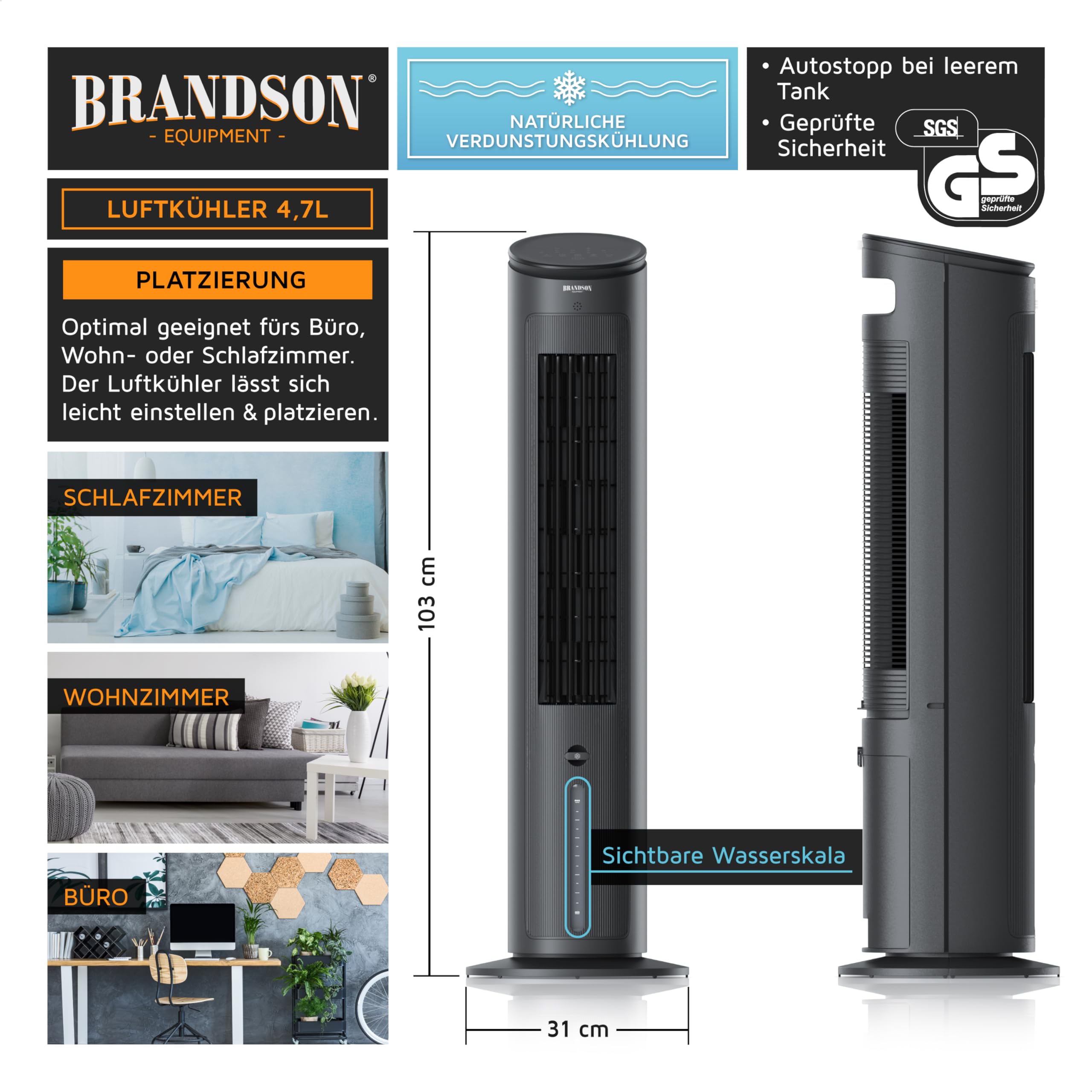 Brandson - Turmventilator mit Wasserkühlung - Preisträger 2026 - Verdunstungskühler - Luftkühler - Ventilator - mobile Klimaanlage ohne Abluftschlauch - 5 in 1 - leise - 4,7 L Wassertank - schwarz