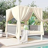 Merax Beige Outdoor Patio Daybed with Curtains, Thick Cushions, Pillows & Rubber Core Rope - Double Chaise Lounge for Pool Garden Backyard