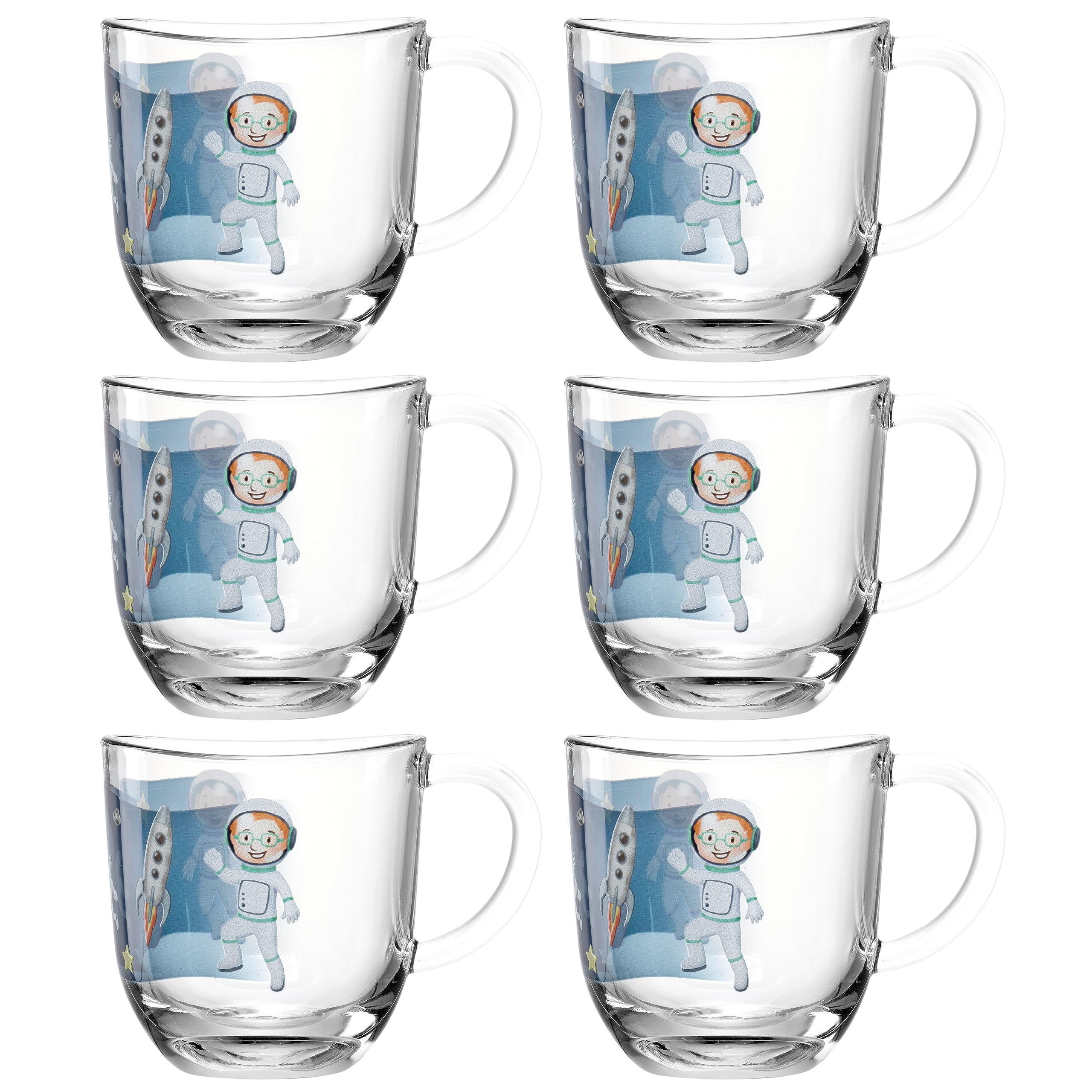 LEONARDO Bambini Avventura - Juego de 6 tazas infantiles con diseño de cristal de paredes gruesas, capacidad 280 ml, apto para lavavajillas, microondas, resistente, juego de 6 con diseño del espacio