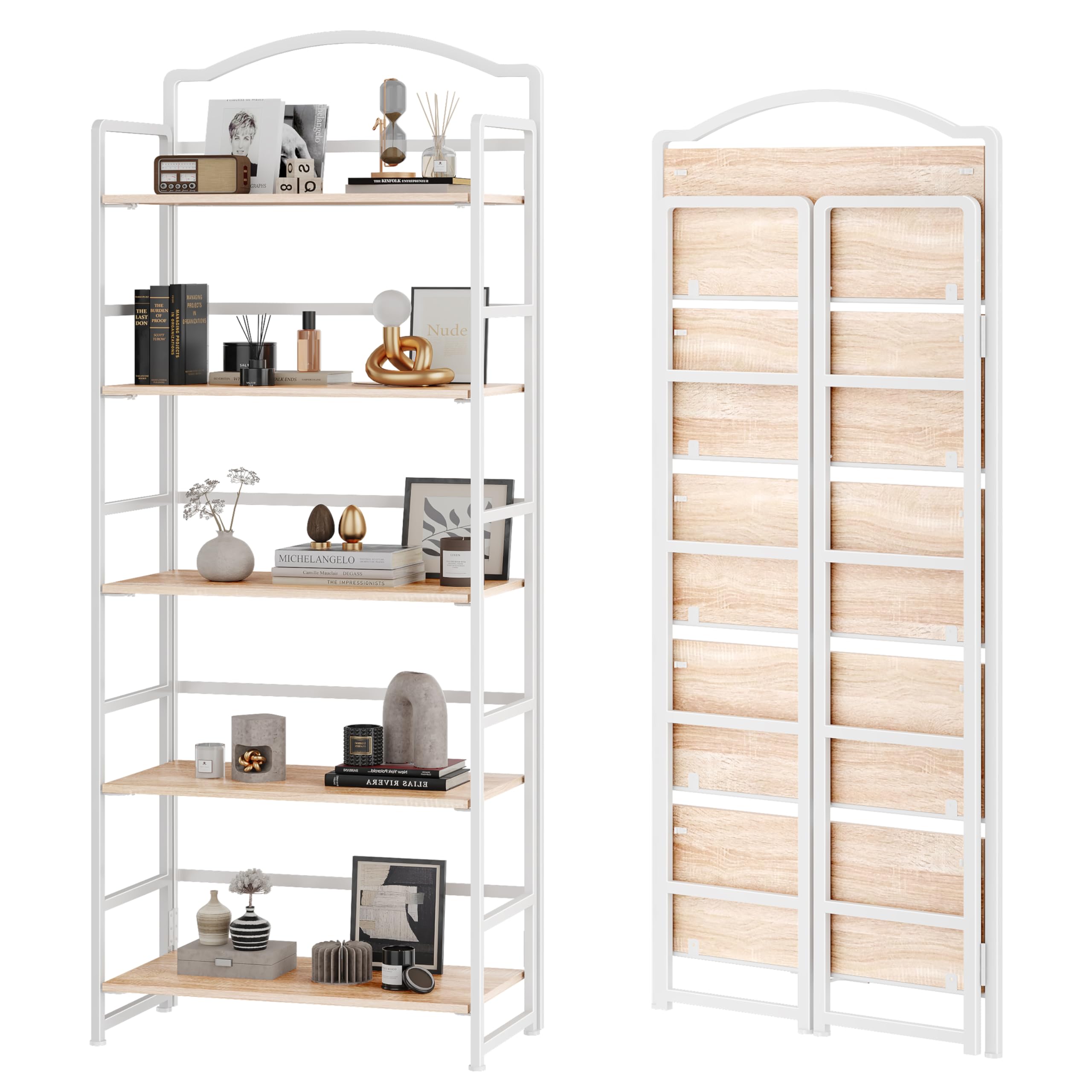 JSB No Assembly Folding Bookshelf, 5 Tier Book Shelf for Storage, Vintage Wood Foldable Bookcase for Living Room, Bedroom, Office Organization Shelves