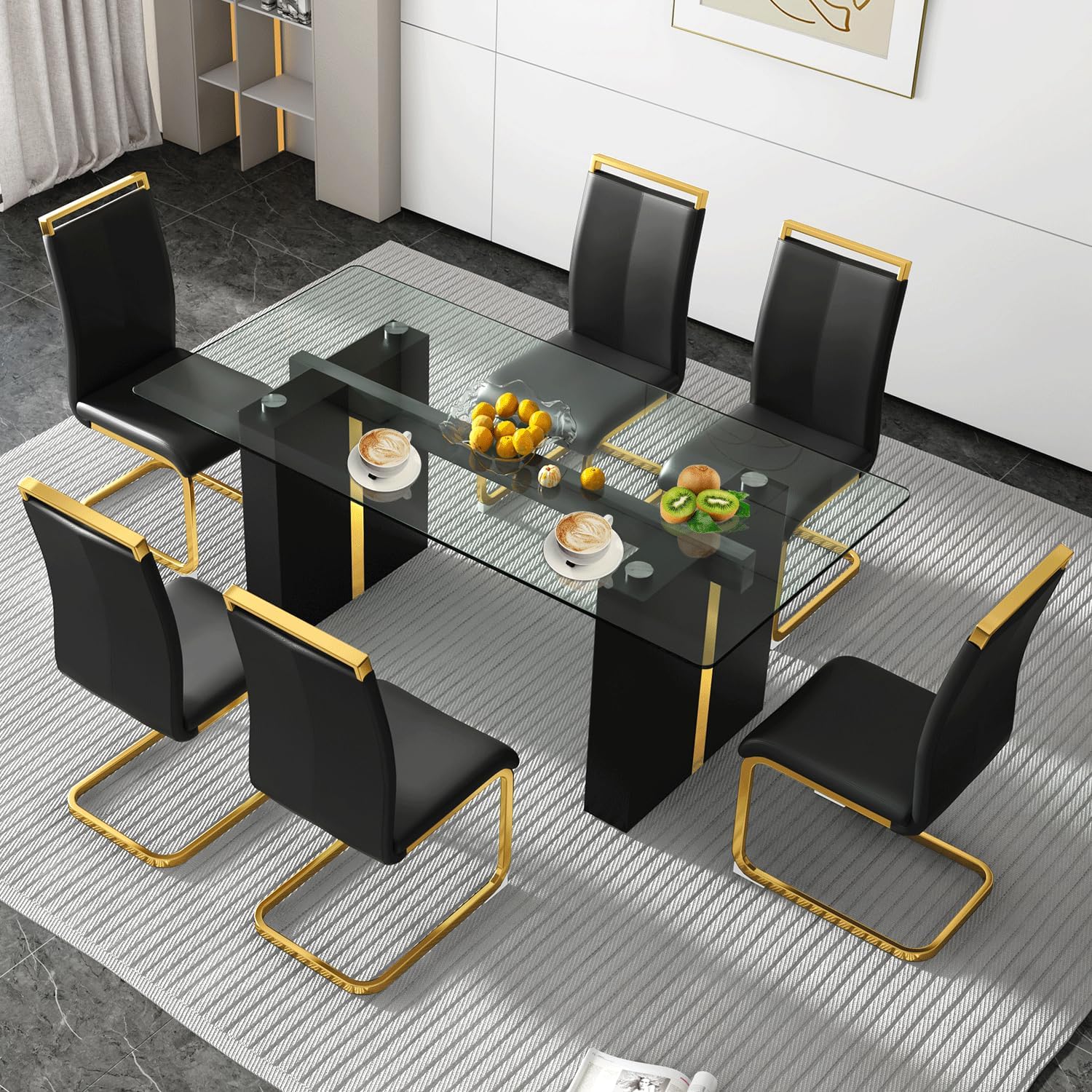 MEMUY Black Dining Table Set for 6,Glass Kitchen Table