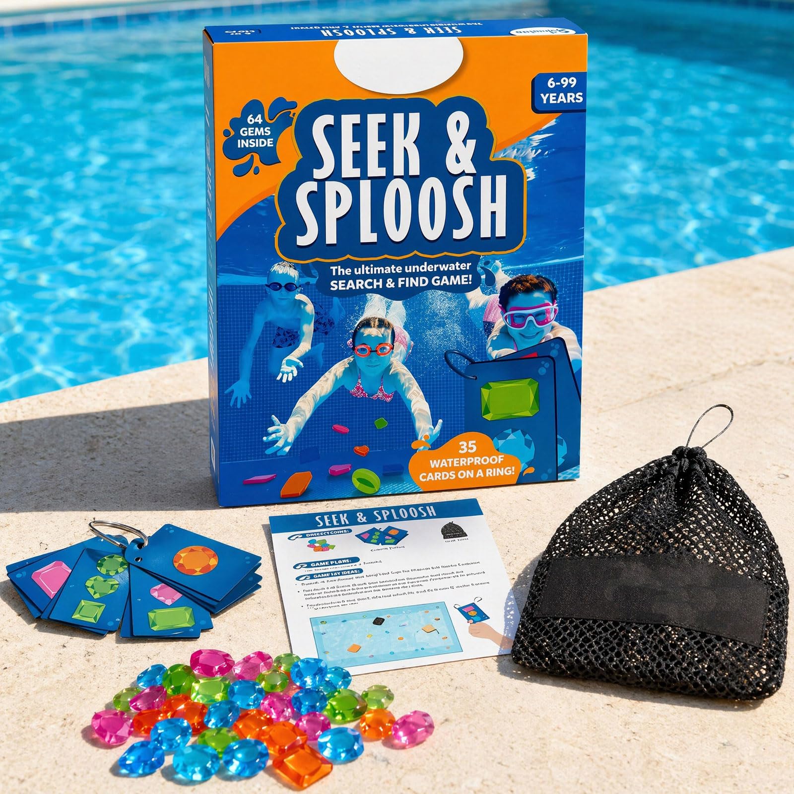 Pool Spielzeug Pool Toy for Children, Underwater Search Game with 64 Edelsteinen & 35 Wasserdichten Cards, Diving Rings for Children, Diving Toy with Mesh Bag, Summer Water Games，3 Stück