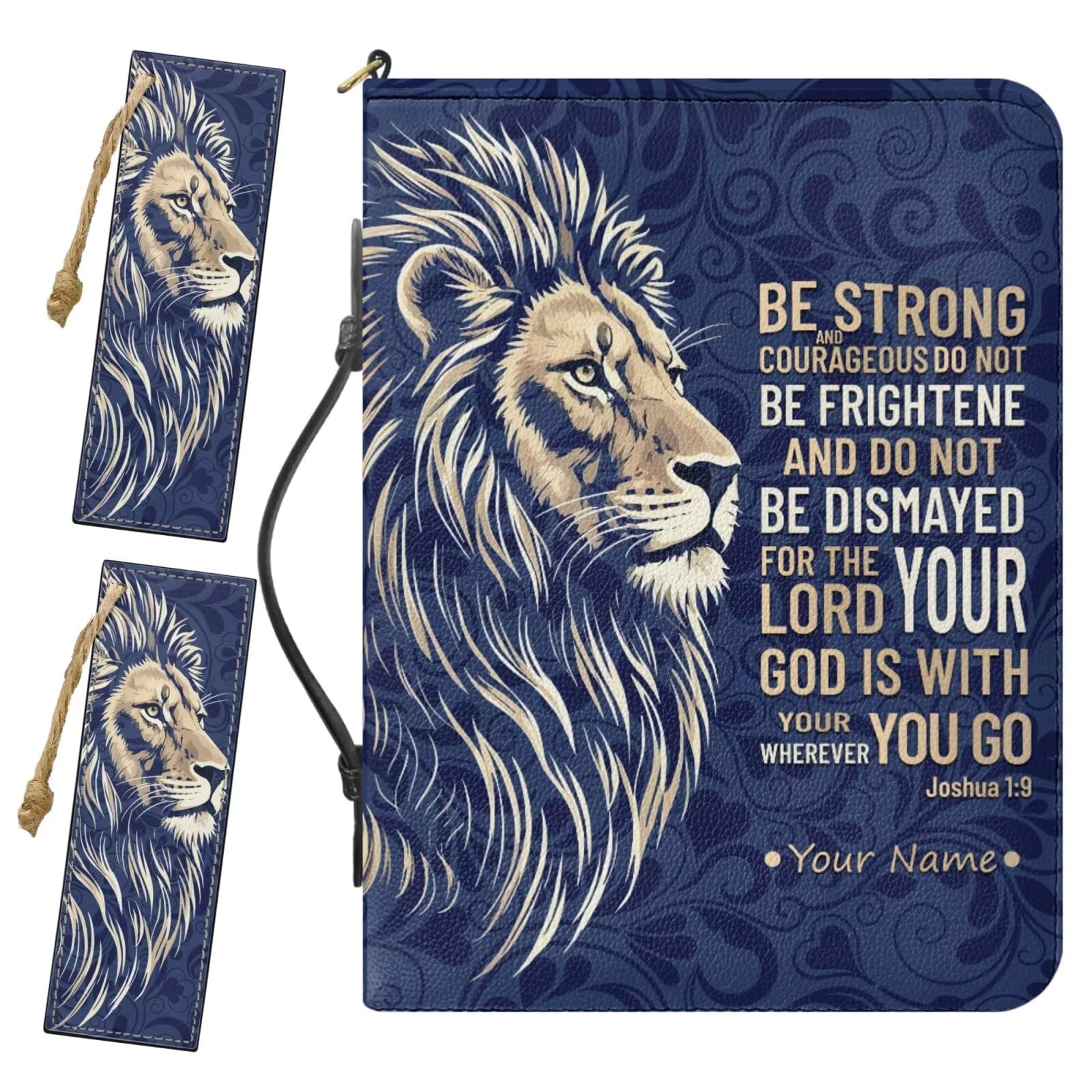 Drnuikhe Personalized Bible Case with Name, Custom Bible Cover Comes with 2 Bookmarks, Lion Print Joshua 1:9 Bible Holder with Inner Pockets and Pen Loop, Church Bags for Men, Extra Large(4 Colors)