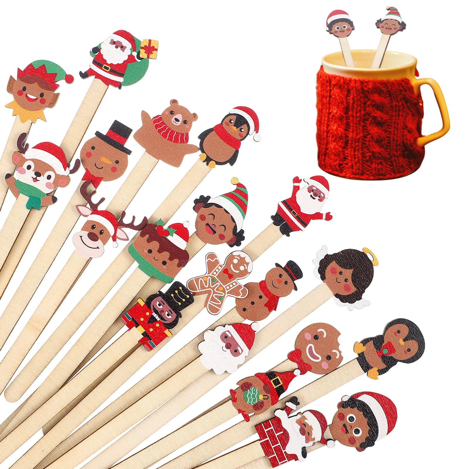 Mifoci 100 Pcs Christmas Wooded Coffee Stirrers African American Christmas Coffee Stir Sticks Disposable Stirring Sticks for Beverage Chocolate Hot Drink Party Supplies, 20 Styles (African American)