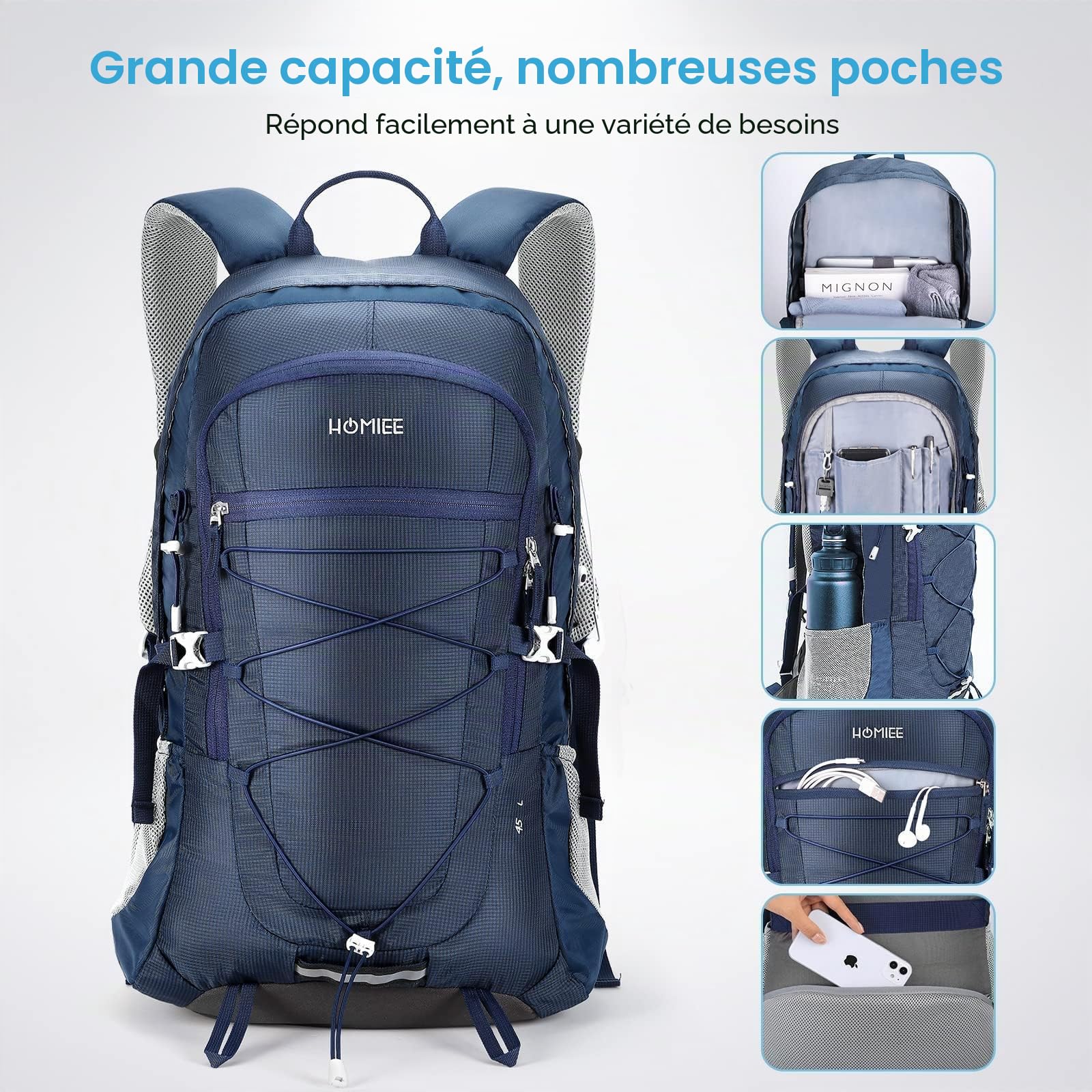 HOMIEE Sac à Dos de Randonnée, Sac de Trekking 45L Grande Capacité pour Homme Femme, Sac à Dos Pliable pour Alpinisme Escalade Ski Camping