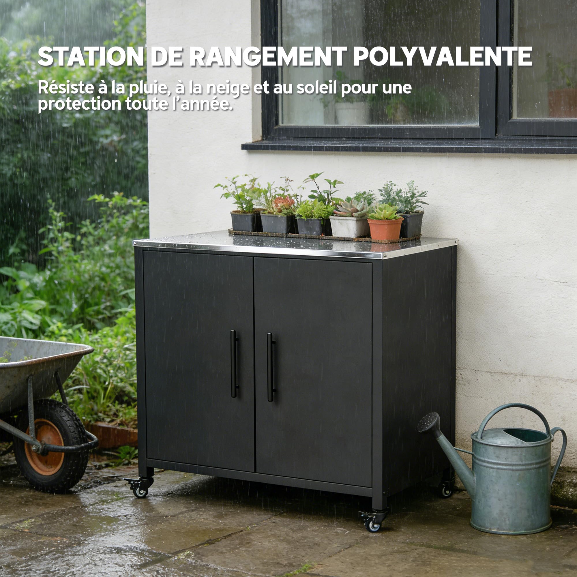 Outsunny Armoire de Jardin en Métal Extérieur, Armoire de Rangement de Jardin avec Toit en Acier Inoxydable et roulettes, Portes Magnétique et Étagère Amovible, 80 x 50 x 90 cm, Noir - 5