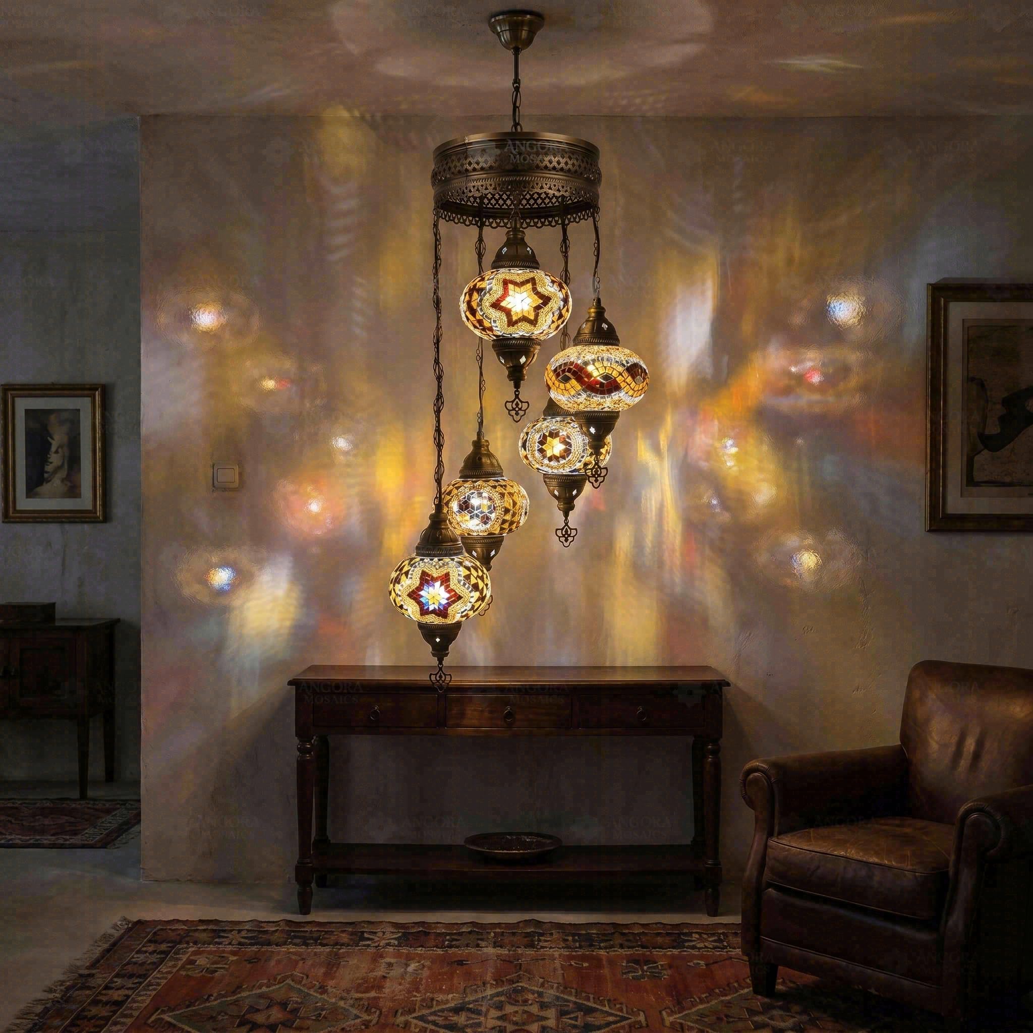 Multicolor 5-Globe Chandelier - Turkish Mosaic Lamp - Handmade Geometric Star Pattern - Moroccan Hanging Pendant Light for Living Room