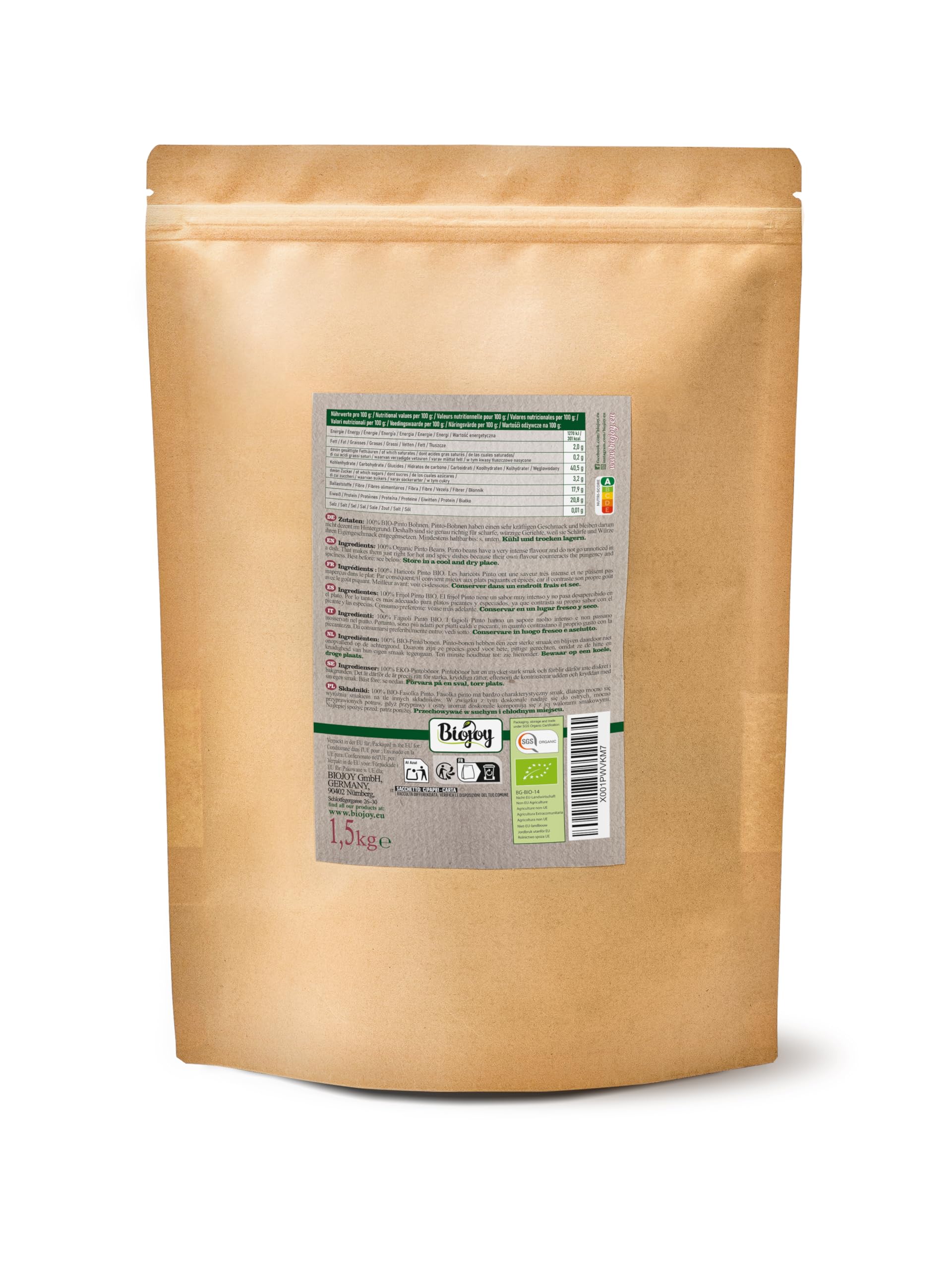 Biojoy Haricots Pinto BIO (1,5 kg), séchés et entières, sans additifs