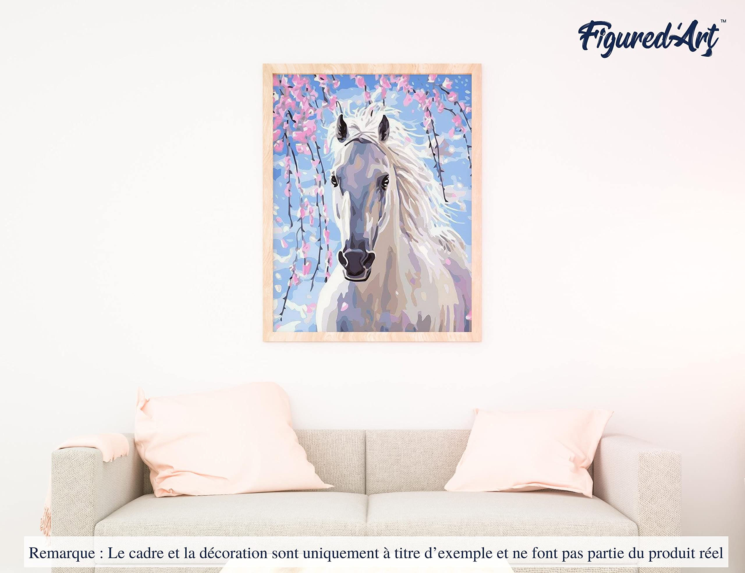 Figured'Art Dipingere con i Numeri con Telaio - Paint by Numbers Cavallo Bianco E Fiori, Passatempo per Adulti, Kit Completo, Hobby Creativi - Quadri fai da te 40x50cm Tela Già Incorniciata