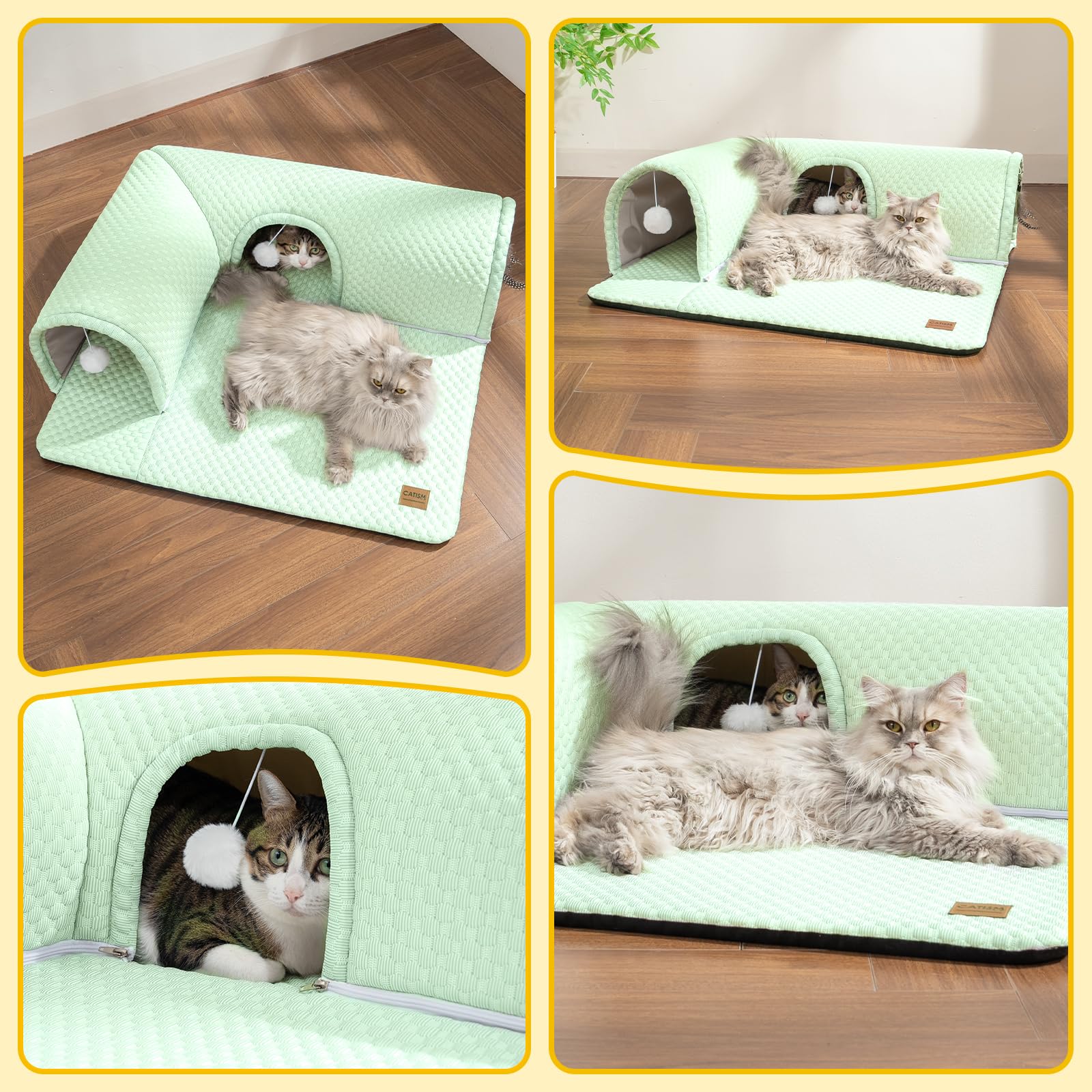 CATISM Lit pour chat avec tunnel - Tunnel pour chat d'intérieur - Ports à 3 voies - 3 jouets - Tapis amovible - Tunnel doux - Grande grotte - Tapis antidérapant - Lit tube pour chaton, furet et petits