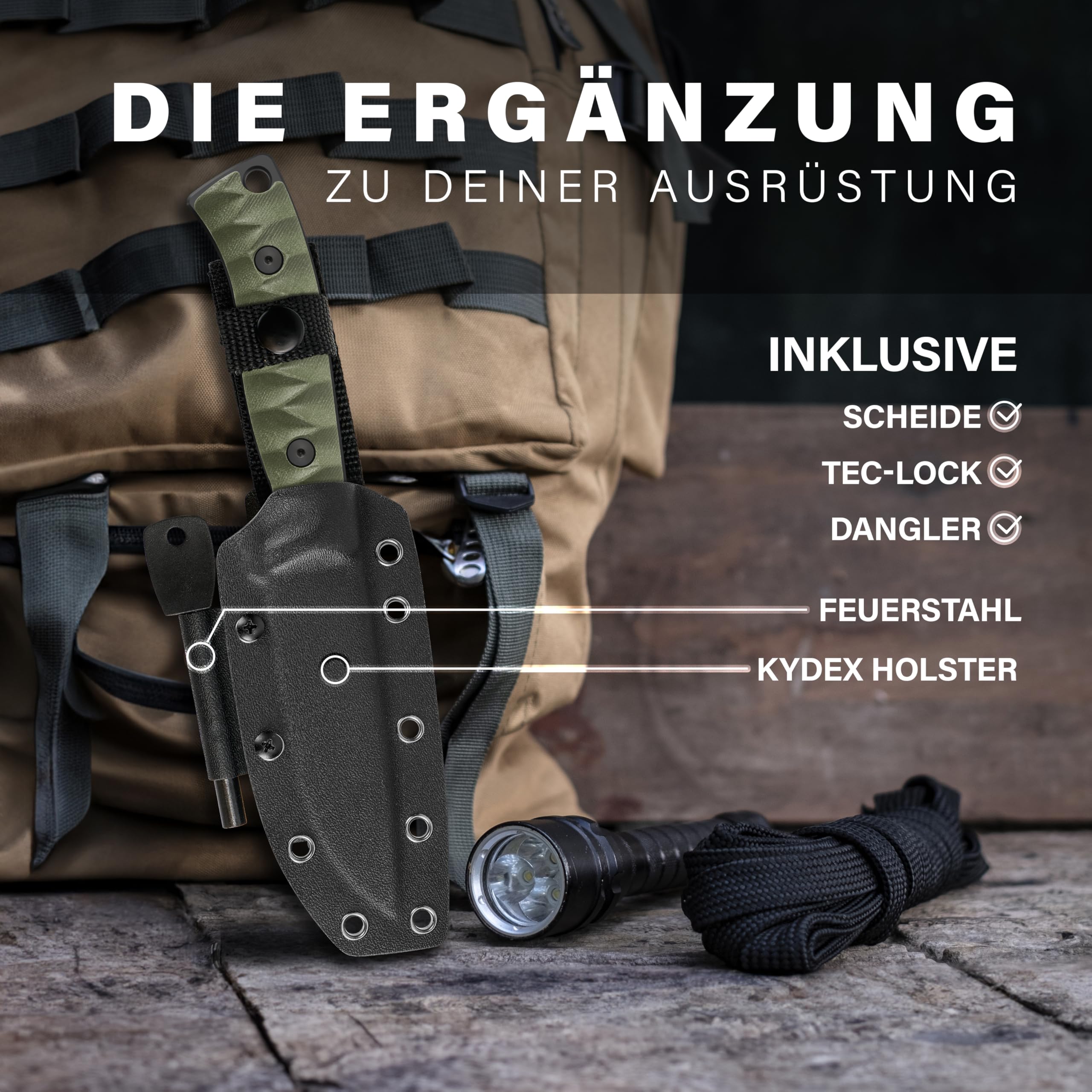 GREIFS® Outdoor-Messer aus D2 Stahl mit Kydex Holster und Feuerstahl, edles Survival Messer für die Bushcraft Ausrüstung, Jagdmesser, Schnitzmesser, Fahrtenmesser (Ranger/Olivgrün)