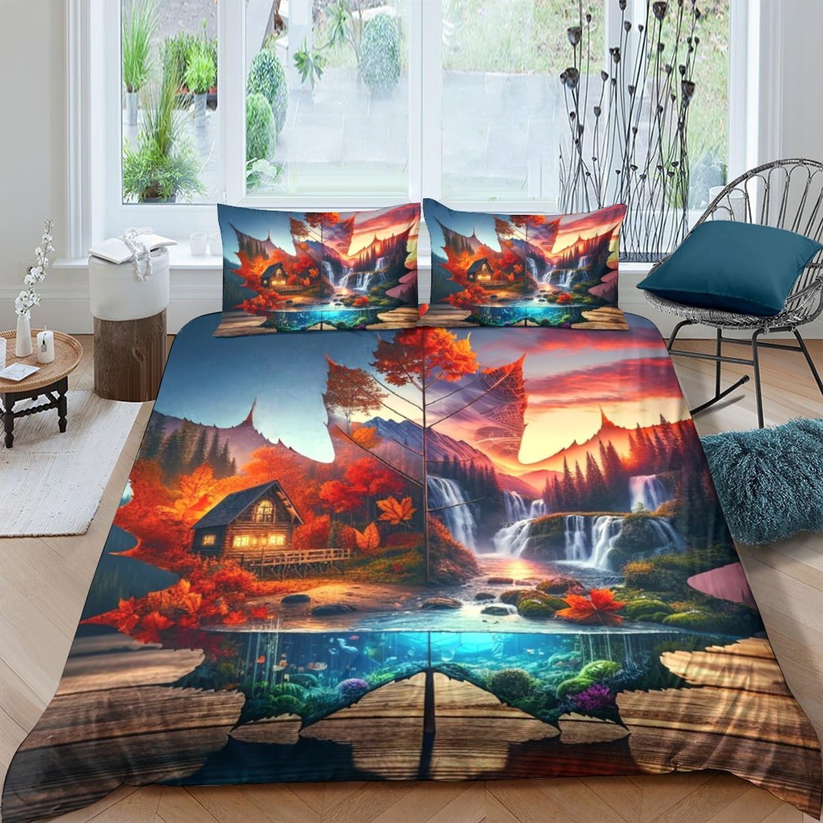 Tyuiopasdfg Colorful-7 Nature Lover Autumn Forest Duvet Cover Set Microfiber 3 Piece Bedding Set Landscape Design Soft For Bedroom Decor Double（200X200cm）