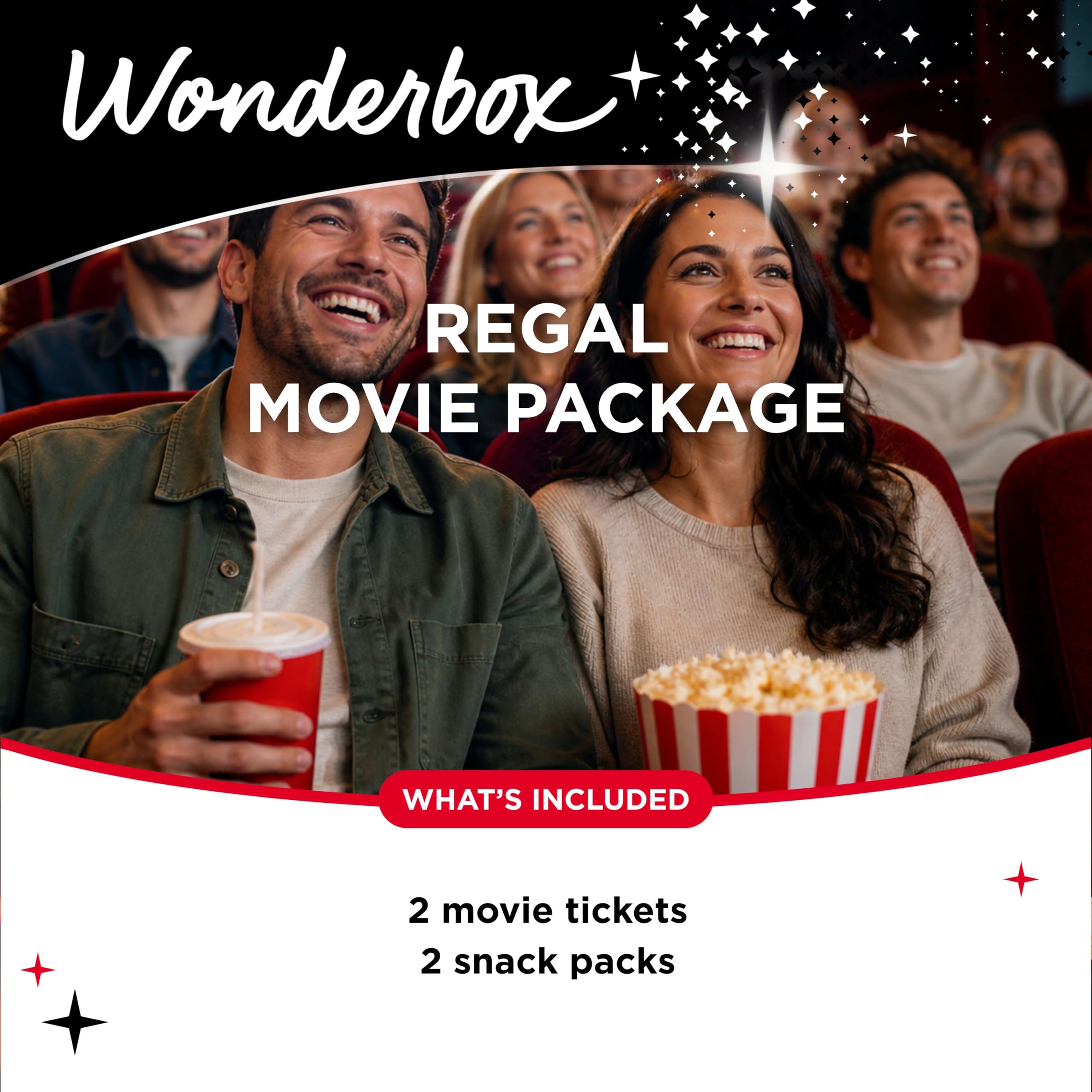 Wonderbox REGAL Movie Bundle - 2 Premiere Movie Tickets + 2 Snackpacks - Originelle Geschenkidee - Erlebnisgeschenk - 425 Standorte in den USA