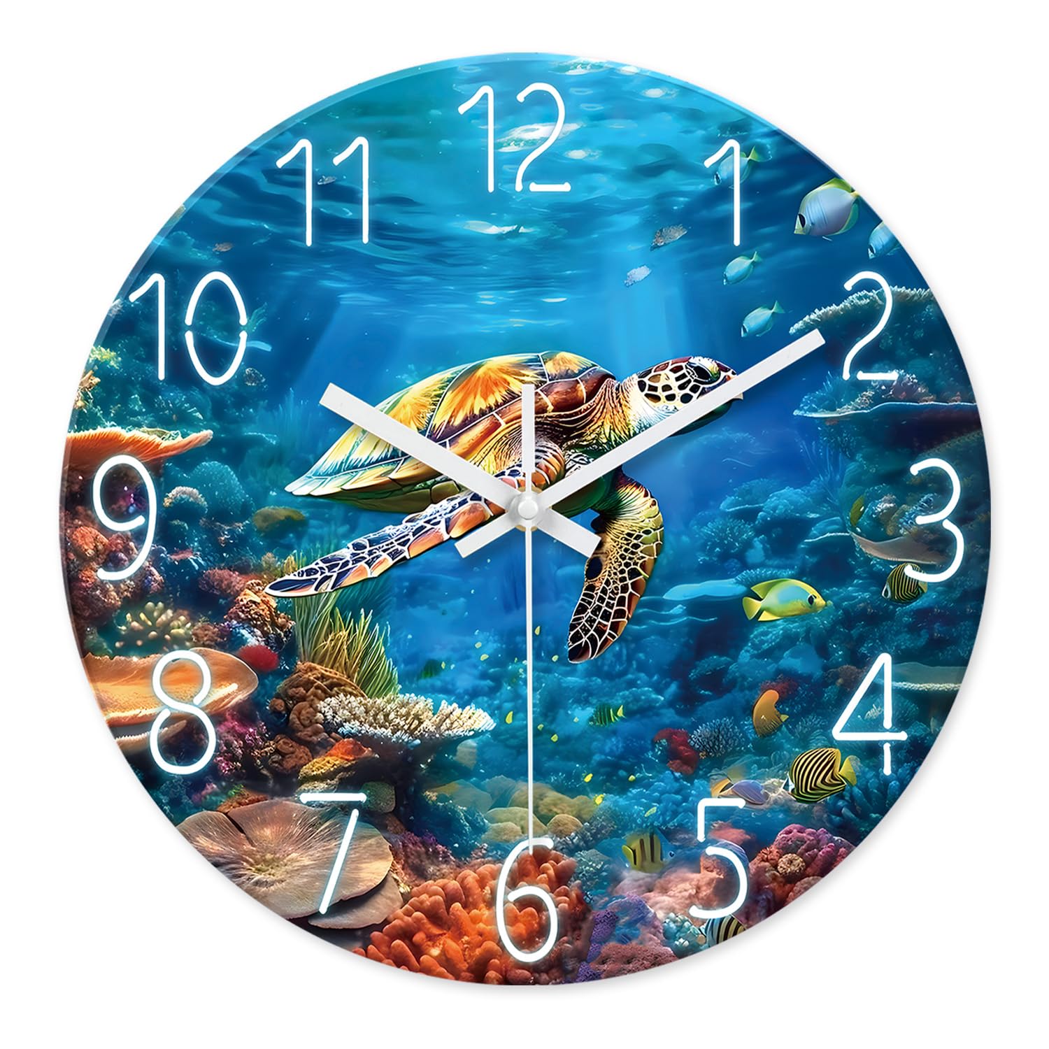 XNM Ocean Round Kitchen Clocks Battery Operated 12 Inch Sea Turtle Analog Wall Clock Modern Funny Blue Glass Wall Clock Silent