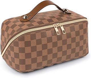 Leather Travel Makeup Bag, Large Capacity Cosmetic Bag for Women, Waterproof Portable Pouch with Divider, Toiletry Organizer with Handle, 10.5x5x5 Inches, Deep Brown