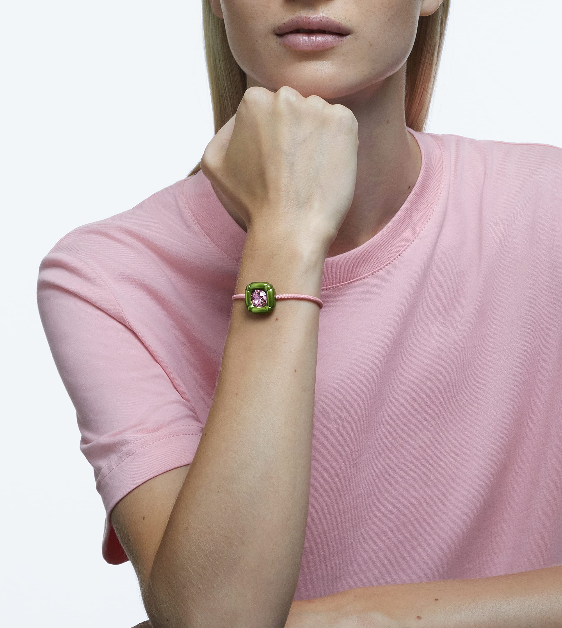 Swarovski Dulcis - Braccialetto morbido con cristalli rosa in verde modellato su cordoncino intrecciato rosa, parte della collezione Dulcis