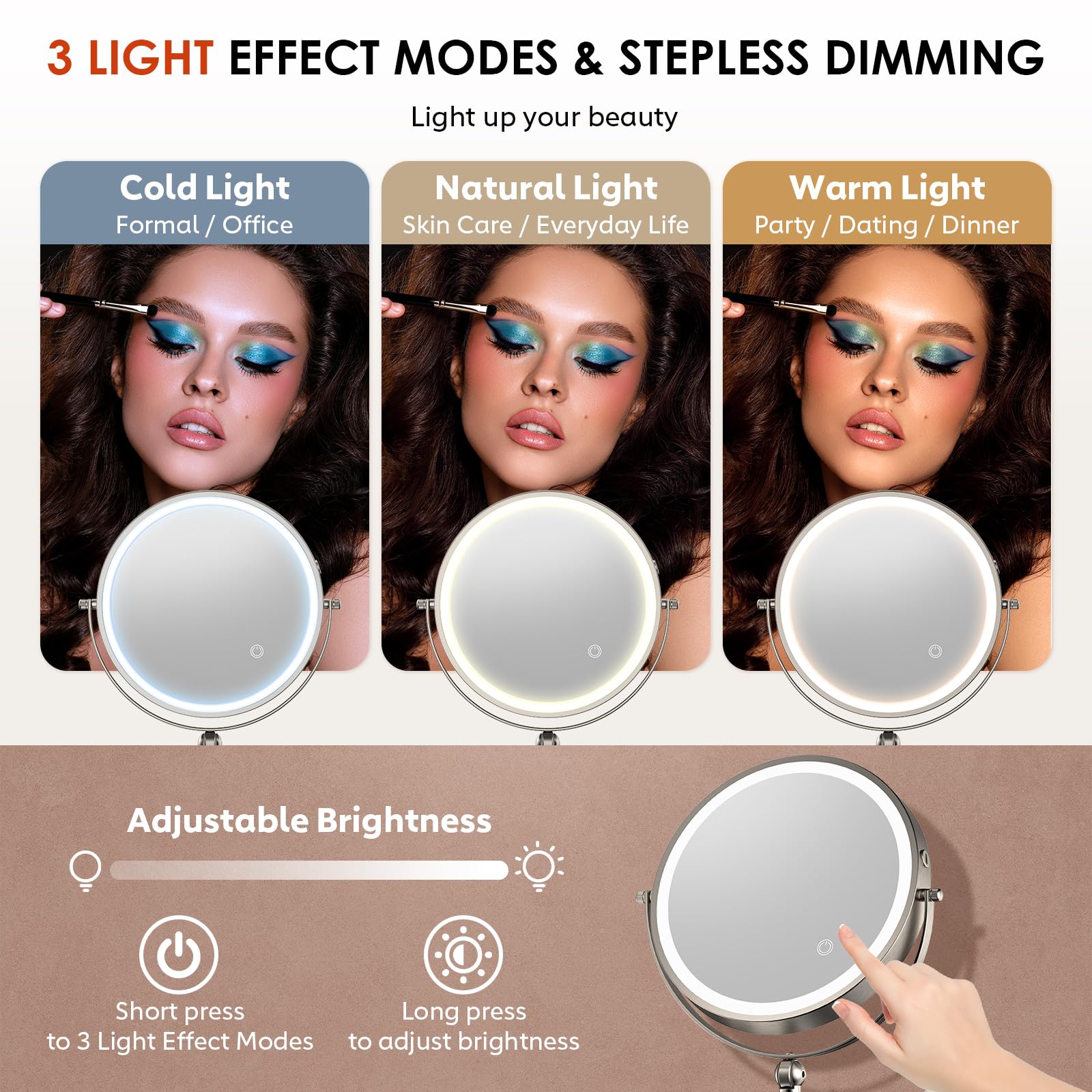 ZLOKLA Espejo de maquillaje iluminado montado en la pared de 9 pulgadas, recargable de 4000 mAh, espejo de aumento de doble cara 1X/20X con luz, regulable al tacto, brazo extendido, rotación de 360