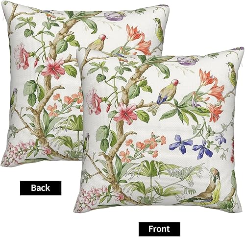 Miniatura 3 de ChangQingArt Fundas de almohada de lino y algodón, diseño floral con pájaros, bayas en las ramas, 18 x 18 pulgadas, fundas de cojín cuadradas para