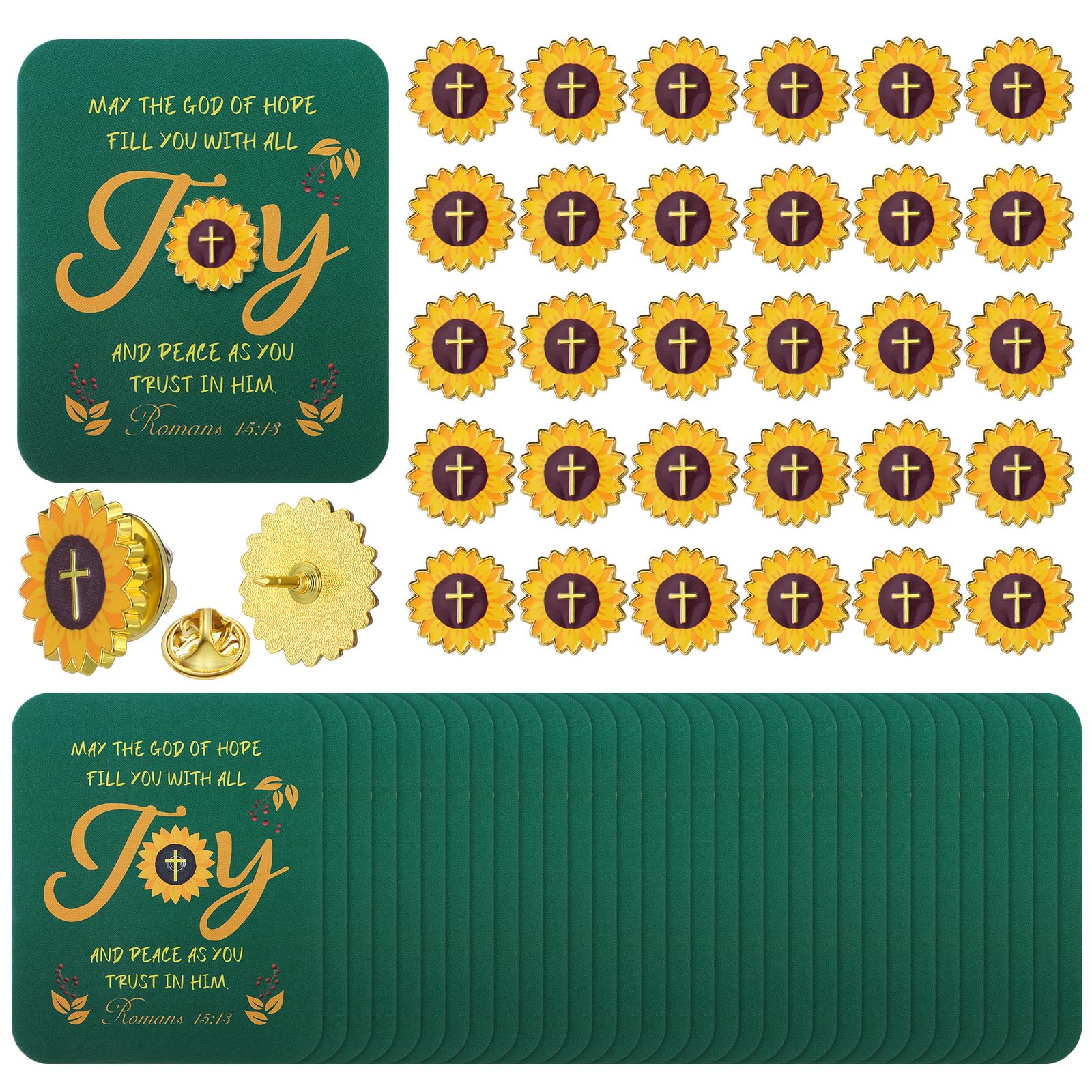 Sayglossy 30 Sets Sunflower Pins on Card Bulk Religious Joy Faith Sunflower Pins with Card Gifts Religious Christian Bible Verse Lapel Pin with Cards