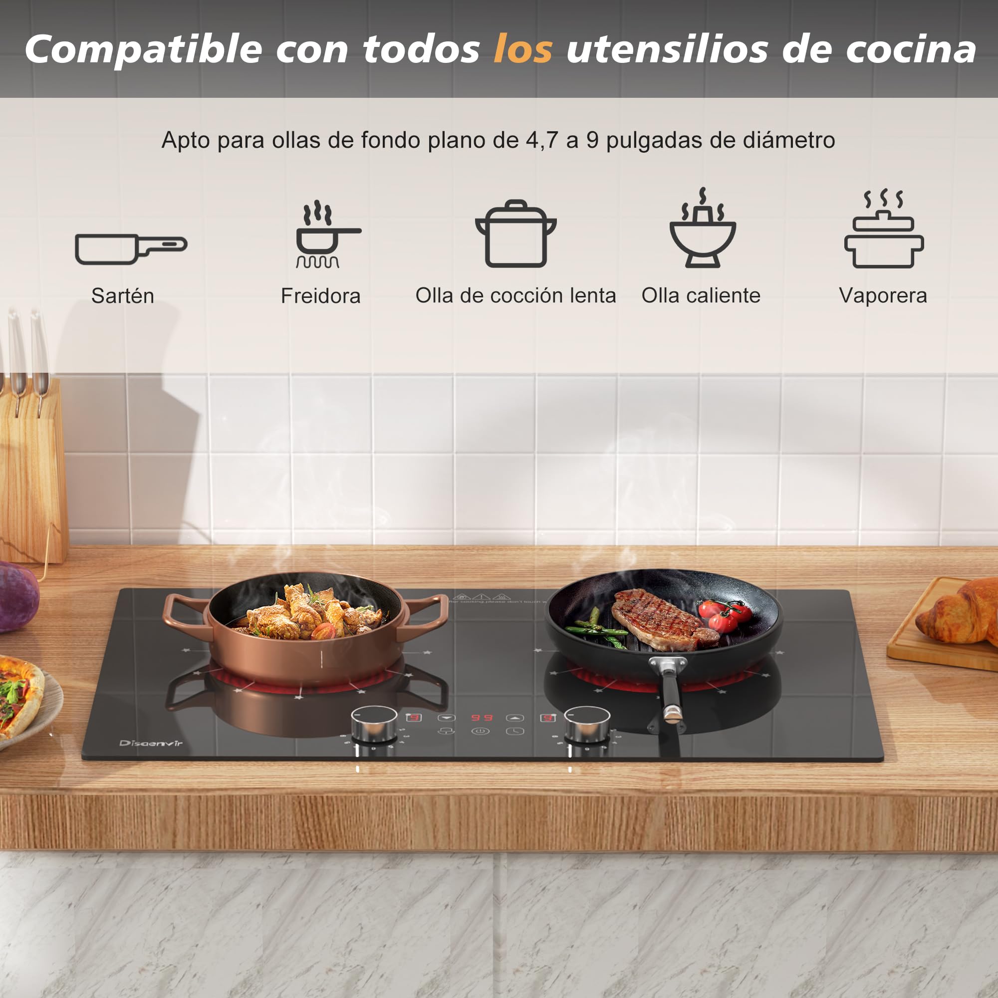 Placa Vitroceramica 2 Fuegos 30cm 3200W, Vitroceramica Induccion con Enchufe de 230v, Placa Electrica Cocina con Perillas, 9 Puestos, Control Táctil, Temporizador, Timer, Cerradura Infantil