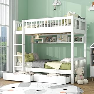 Merax Bunk Bed for Kids, 3FT Solid Pine Wood Single Bed Frame, with under Bed Slide Drawer Storage and Shelf, Children & Teenager Furniture for multi-child Family, White, 90x190cm
