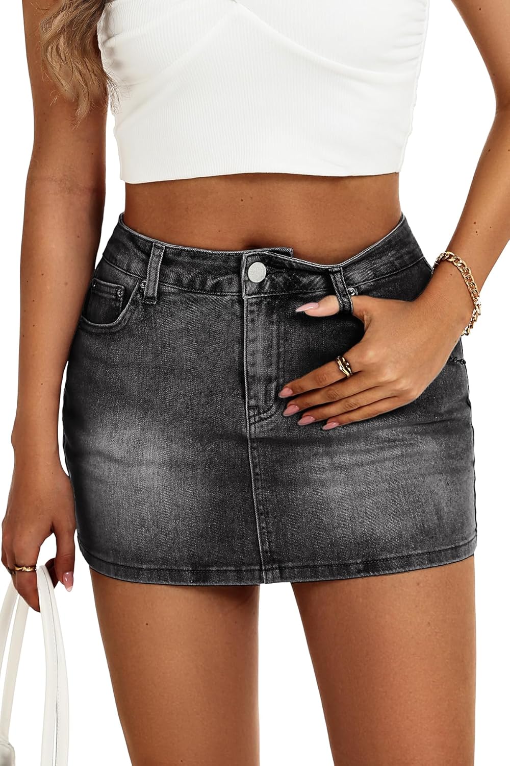 ELLEVEN Low Rise Denim Skirt with Built-in Shorts - High Stretch Lightweight Mini Skirt, Y2K Jean Skort for Campus Wear