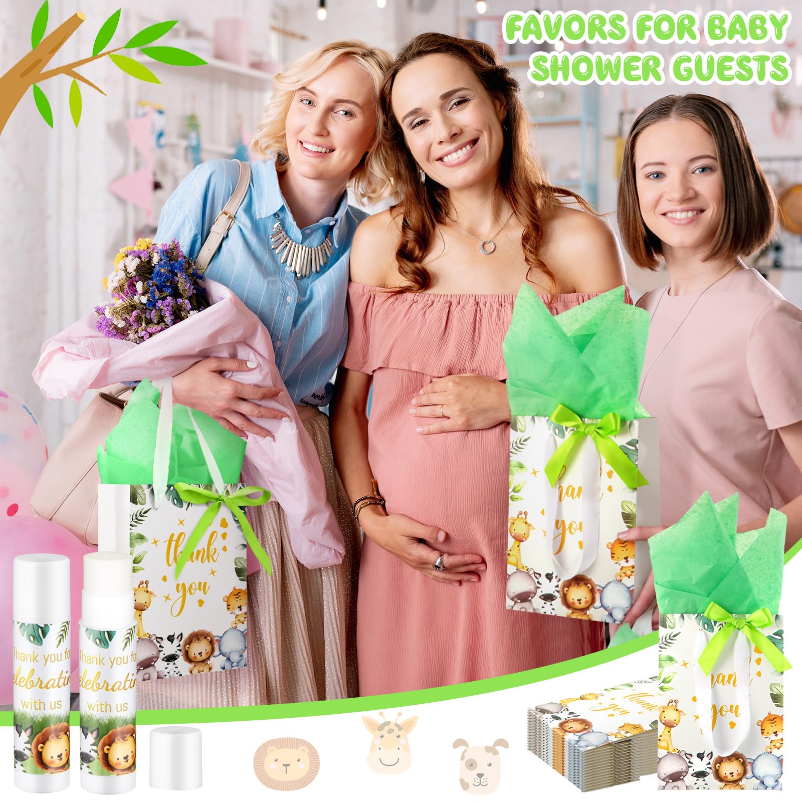 Dansib 150 Pcs Baby Shower Favors for Guests Include Thank You Gift Bags with Tissue Paper, Lip Balm, Tea Light Candles, Ballpoint Pens Cellophane Treat Bags for Baby Shower Gender Reveal (Animal)