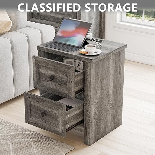 Miniatura 5 de Mesita de noche con estación de carga, mesa auxiliar de granja con armario de almacenamiento de 2 cajones, mesa auxiliar de sofá de madera rústica