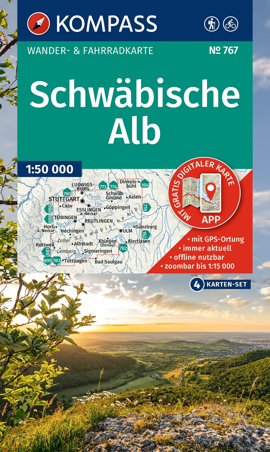 KOMPASS Wanderkarten-Set 767 Schwäbische Alb (4 Karten) 1:50.000: Wander- und Fahrradkarte in einem - inklusive Offline-Verwendung in der KOMPASS-App. Wander-& Radwege.