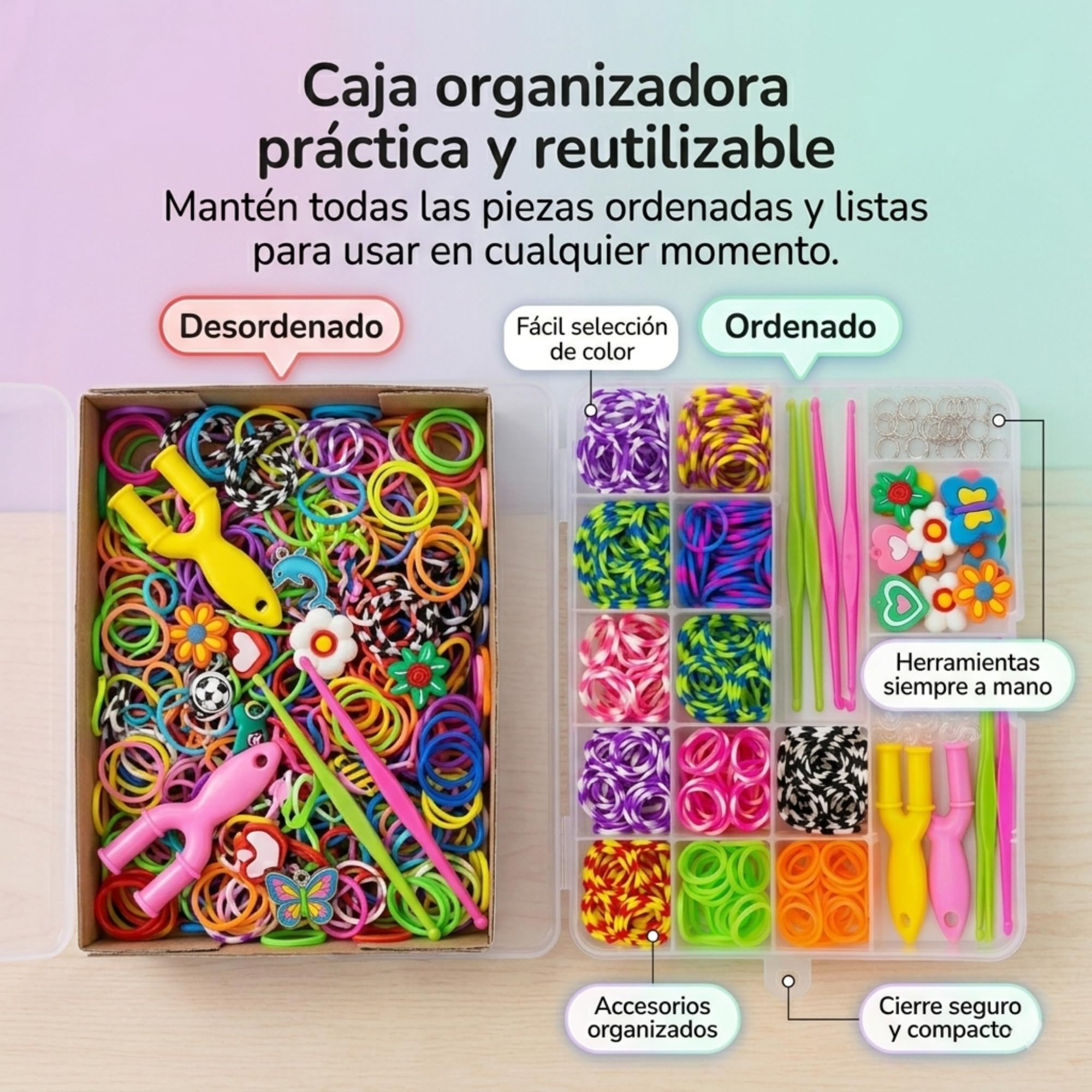 Kit gomas para hacer pulseras de 2000 piezas | Kit pulseras de 24 colores ideal para niña con abalorios y herramientas | Set creativo con cuentas para hacer pulseras, manualidades y regalo original — view 6