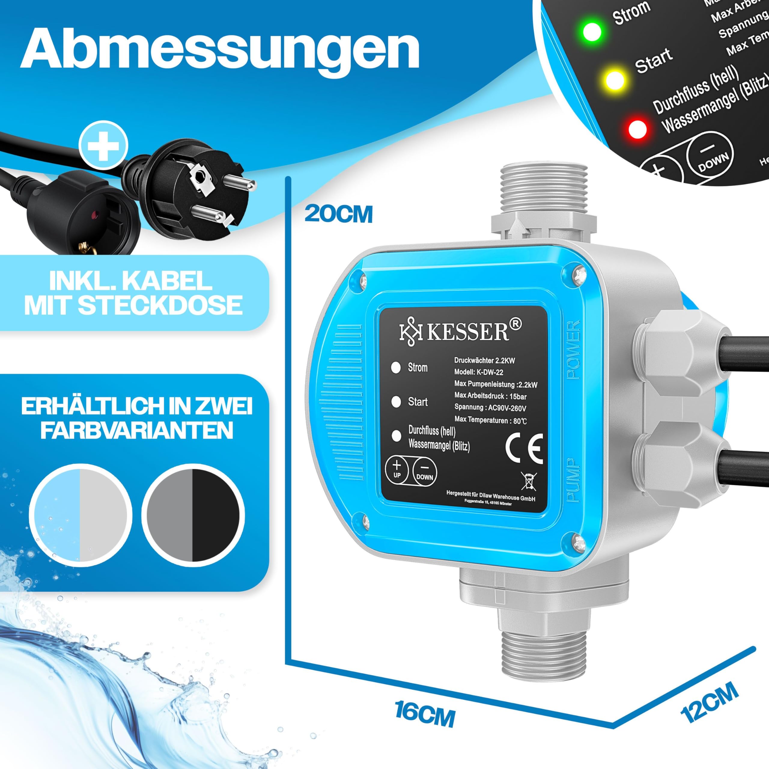 KESSER Pressostat - 15 bar - Contrôle de la pompe - Station d'eau domestique - Arrosage du jardin - Avec câble - Pression d'eau constante - Jardin et maison - Allumage et extinction automatiques