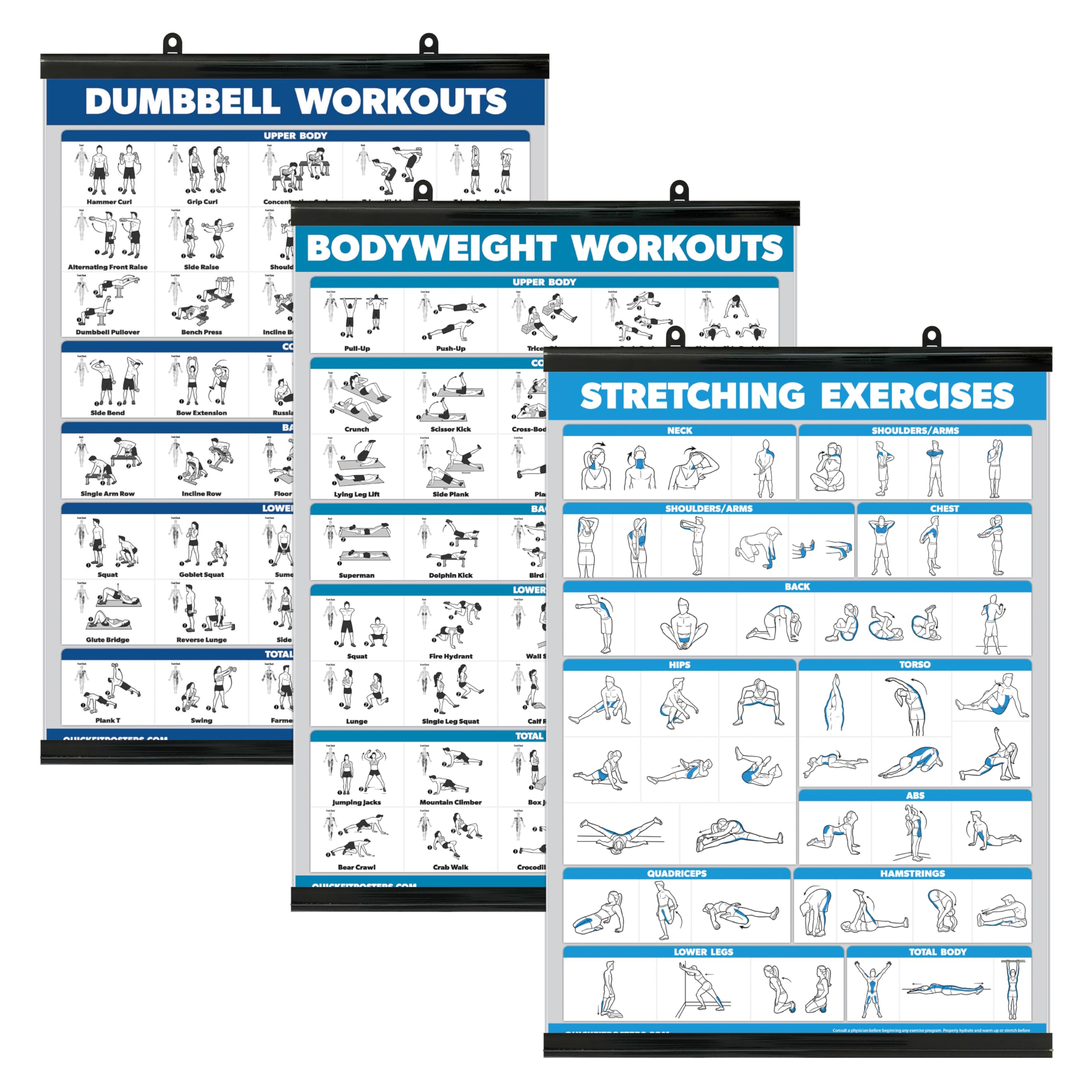Palace LearningQuickFit 3 Pack - Dumbbell Workouts + Bodyweight Exercises + Stretching Routine Poster Set - Set of 3 Workout Charts (Laminated WITH PLASTIC FRAME, 18" x 24")