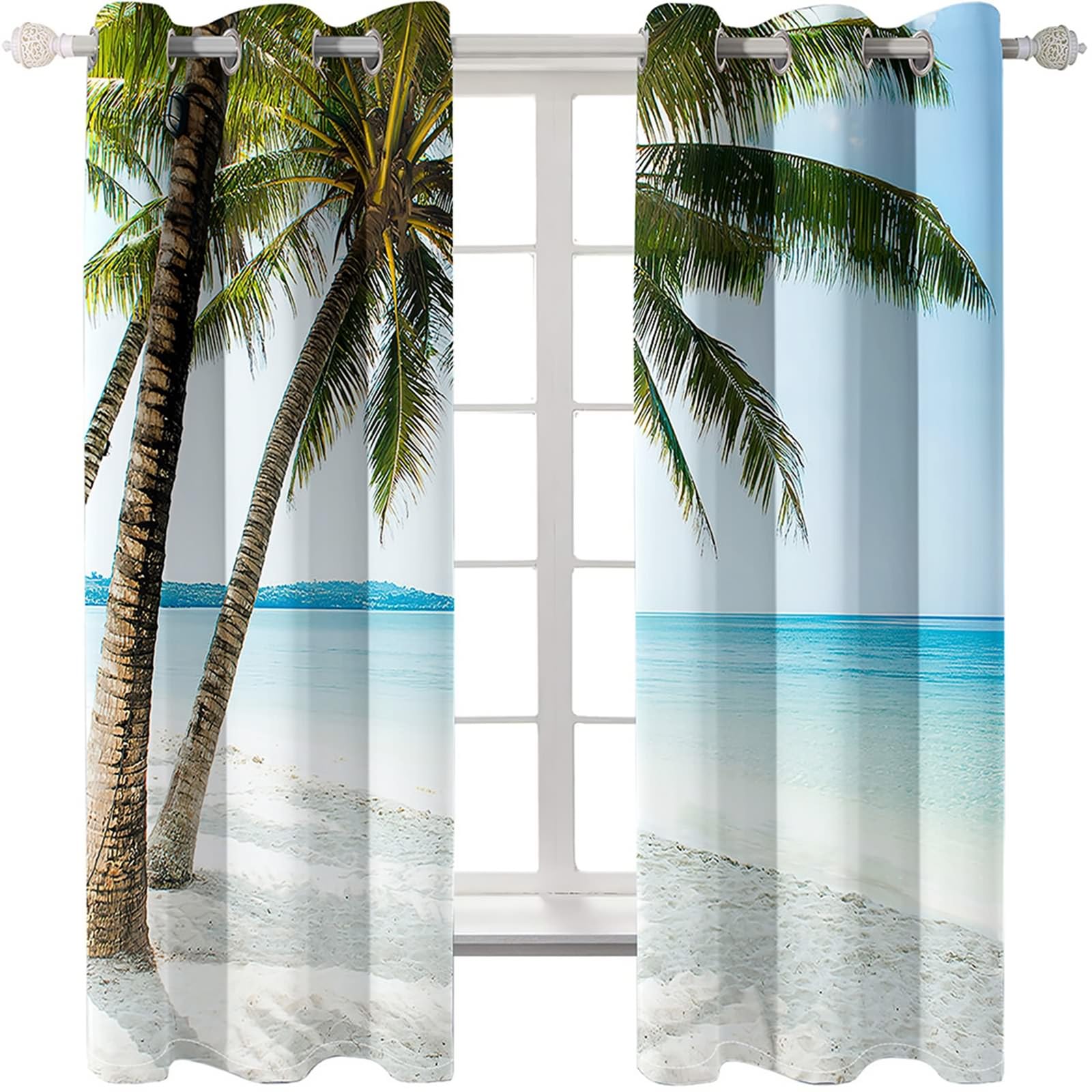 Vorhänge Lichtundurchlässig 138 cm Lang, Gardinen Lichtdicht mit Ösen 2er Set Blau Grün Braun Palmen Meer Landschaft Vorhang für Schlafzimmer Kinderzimmer Wohnzimmer, 86x138 cm(BxH)