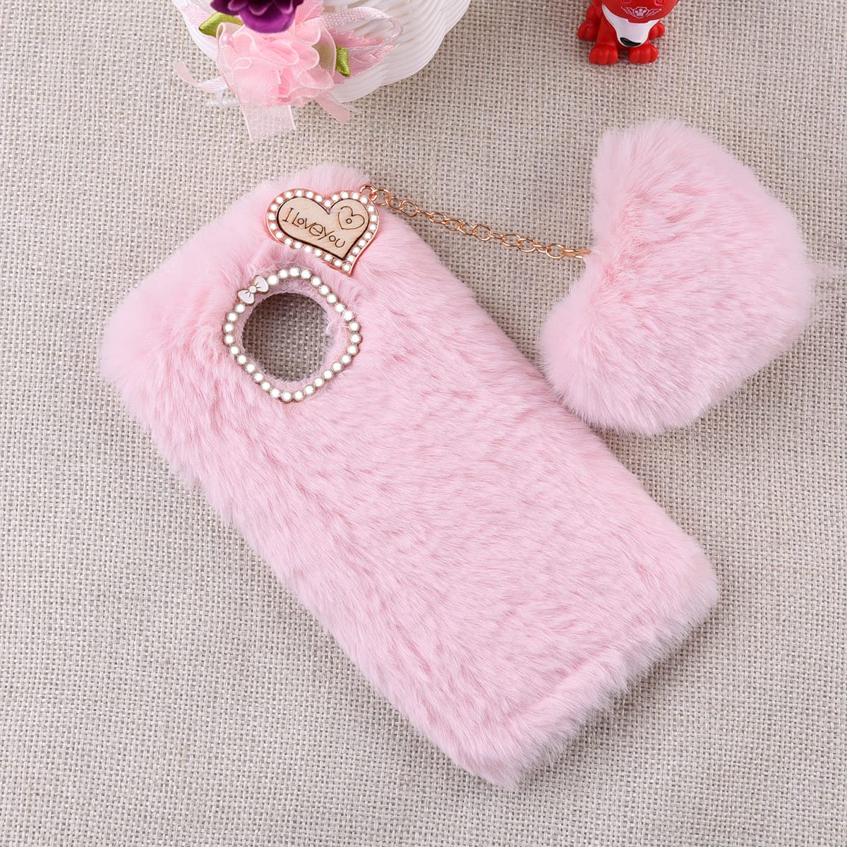 Custodia In Peluche Finta Pelliccia Per Nokia 8.3 5G – Morbida, Con Cristalli E Pom Pom – Protezione Antiurto In TPU – Colore Grigio Scuro - 4