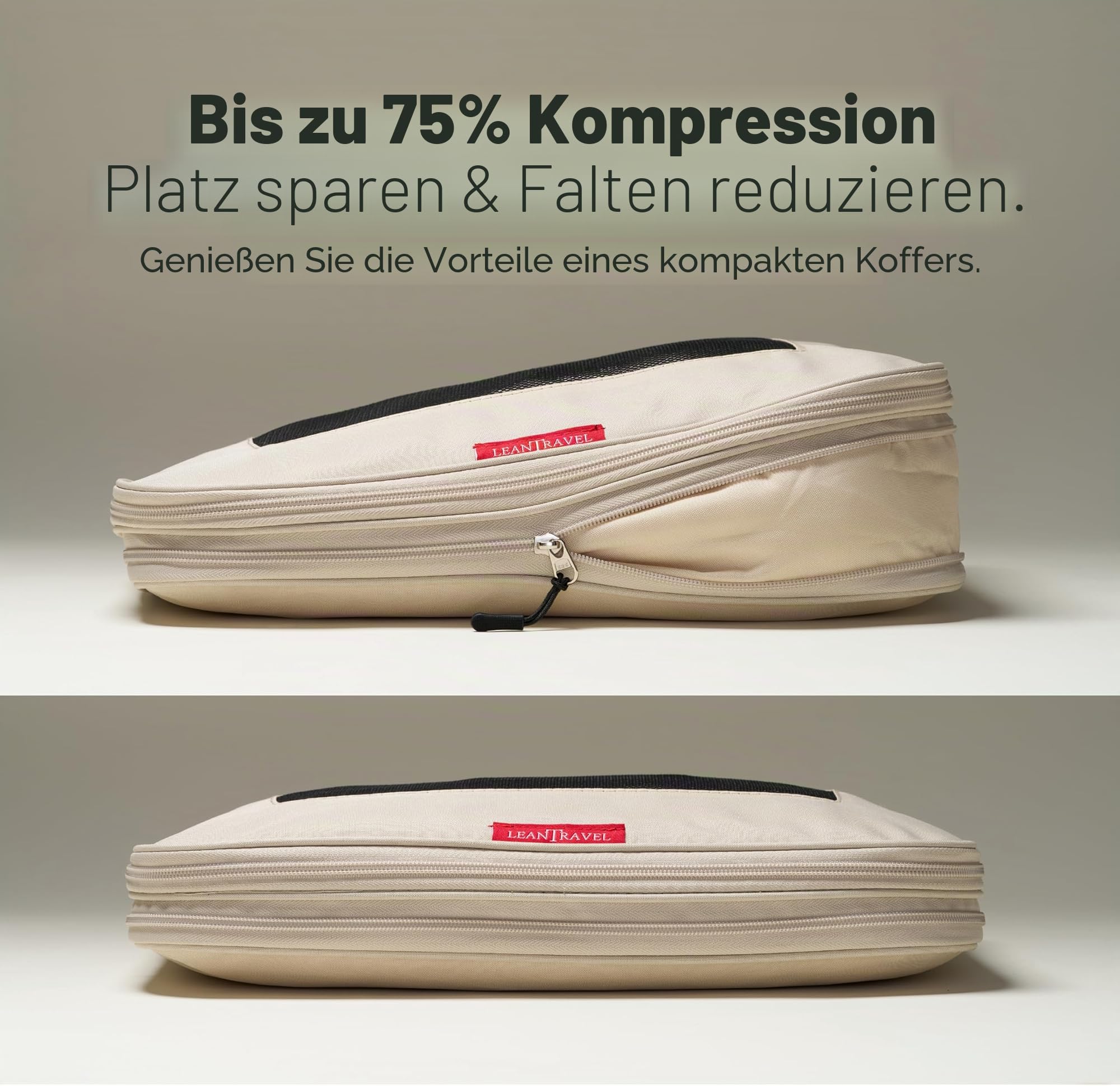 LeanTravel Kompressions-Verpackungswürfel für Reise-Organizer mit doppeltem Reißverschluss (6er-Pack (2 l + 2 m + 2 s), Sand)