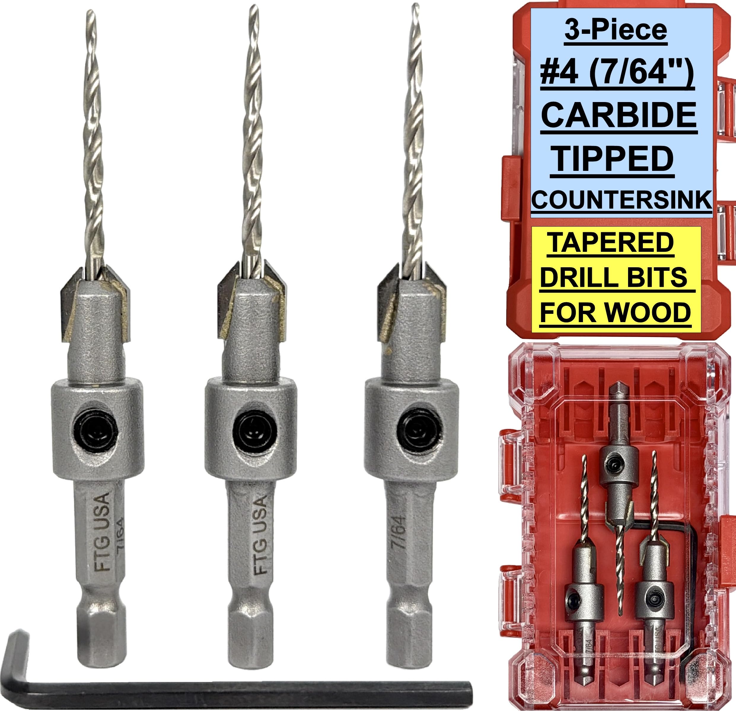 FTG USA 3 punte da trapano con punta in carburo di tungsteno #4 (7/64") con punta da trapano conica, codolo esagonale da 1/4", cambio rapido per la lavorazione del legno, con scatola portaoggetti