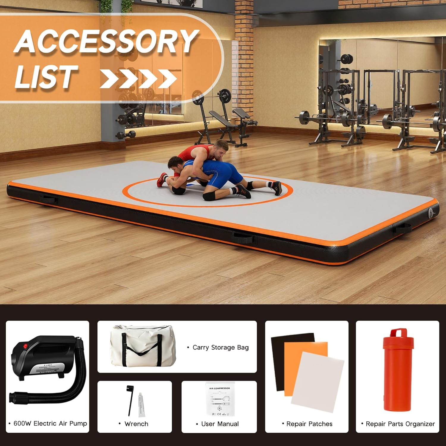 Specraft 13FT /10FT /5FT Inflatable Wrestling Mat 4" Thick PVC Orange/Gray Waterproof Jiu Jitsu Mats for Jiu Jitsu, BJJ, MMA, Grappling & Water Yoga, Indoor/Outdoor, Includes Dust Bag & Repair Kit