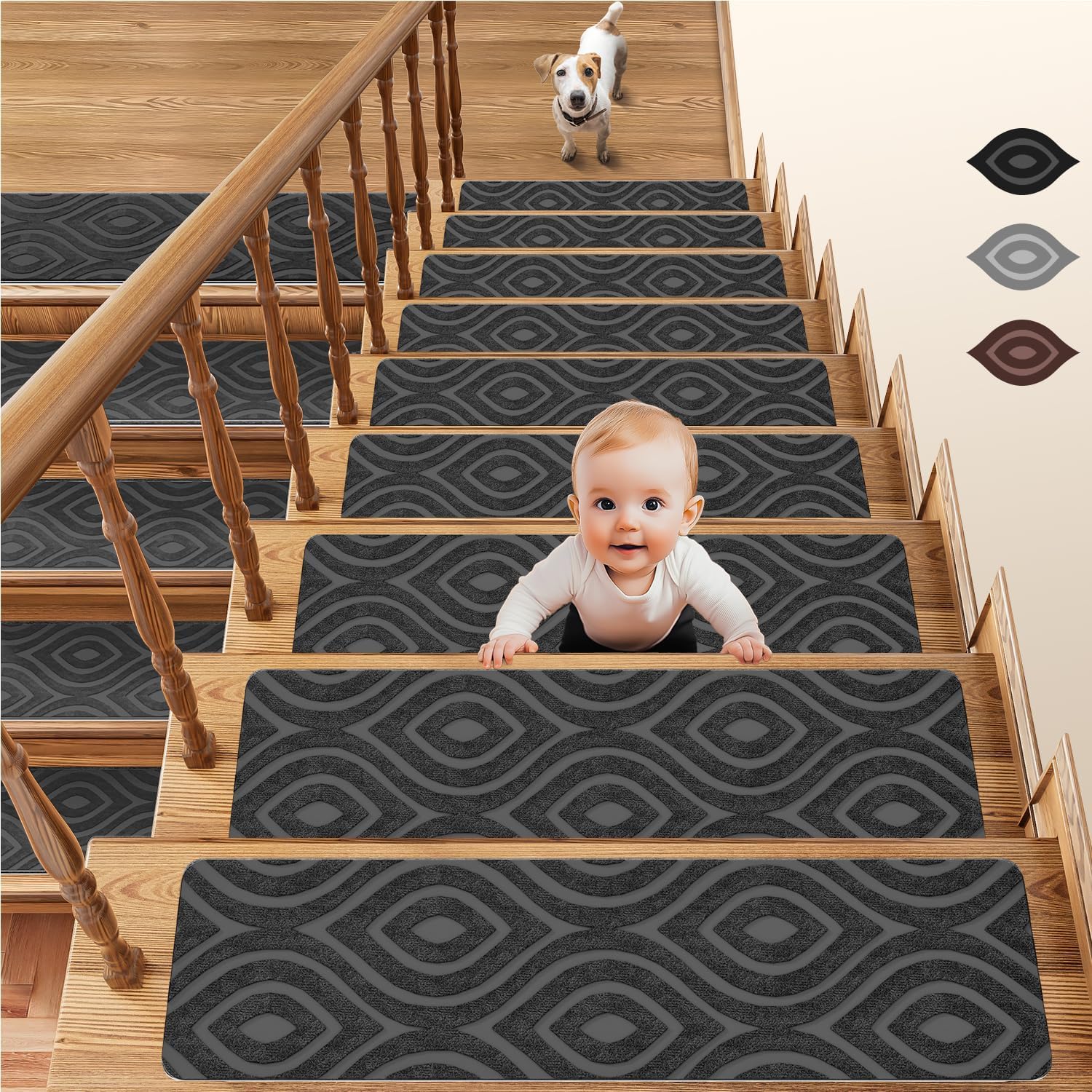 Grey Stair Treads 20x76cm /8"x30" Non-Slip Self Adhesive Carpet Stair Mats, Modern Simple Stair Covers for Indoor Wooden Steps, Safety Stair Pads for Kids Pets Elders and Pets 15 Pack (Grey Foliage)